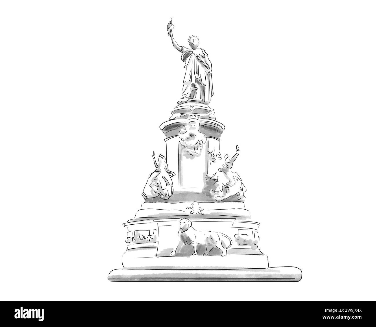 Illustration en noir et blanc de Monument de Paris, Place de la République Stockfoto