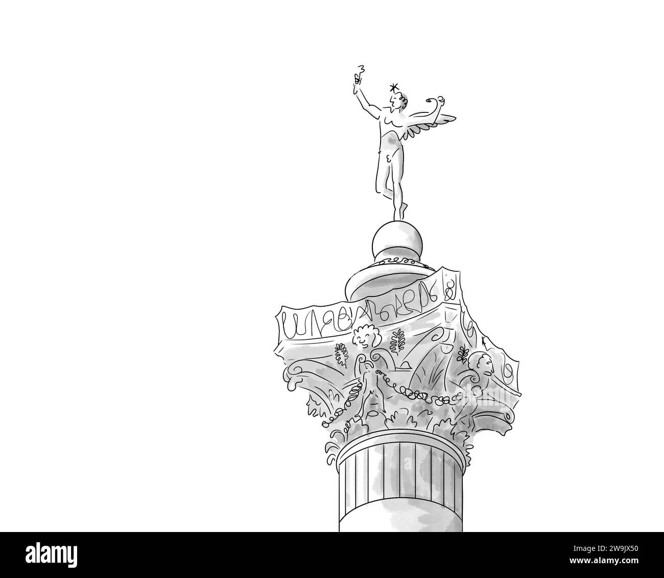 Illustration en noir et blanc de Monument de Paris, Bastille Colonne de Juillet Stockfoto
