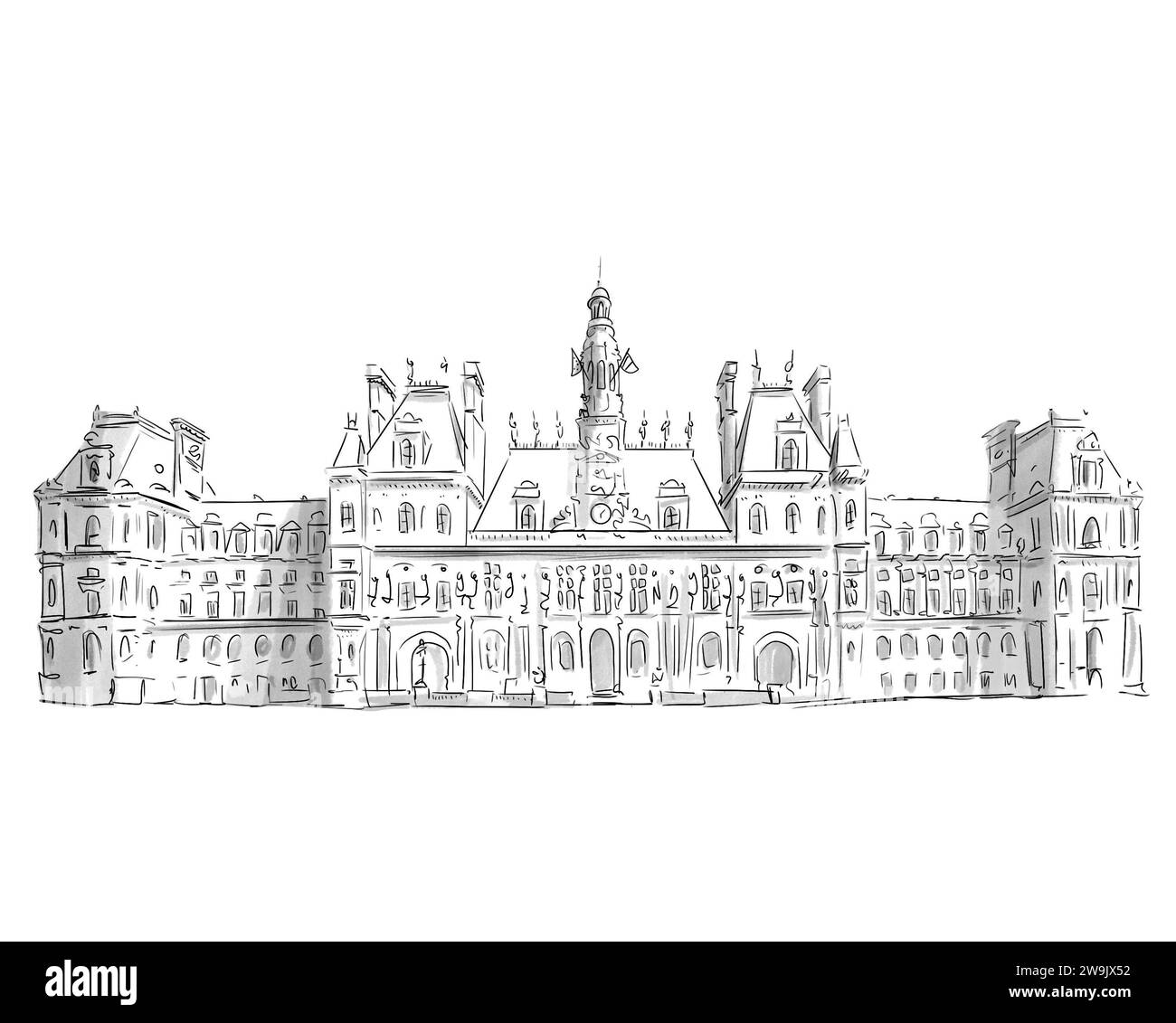 Illustration en noir et blanc de Monument de Paris, Hôtel de Ville Stockfoto