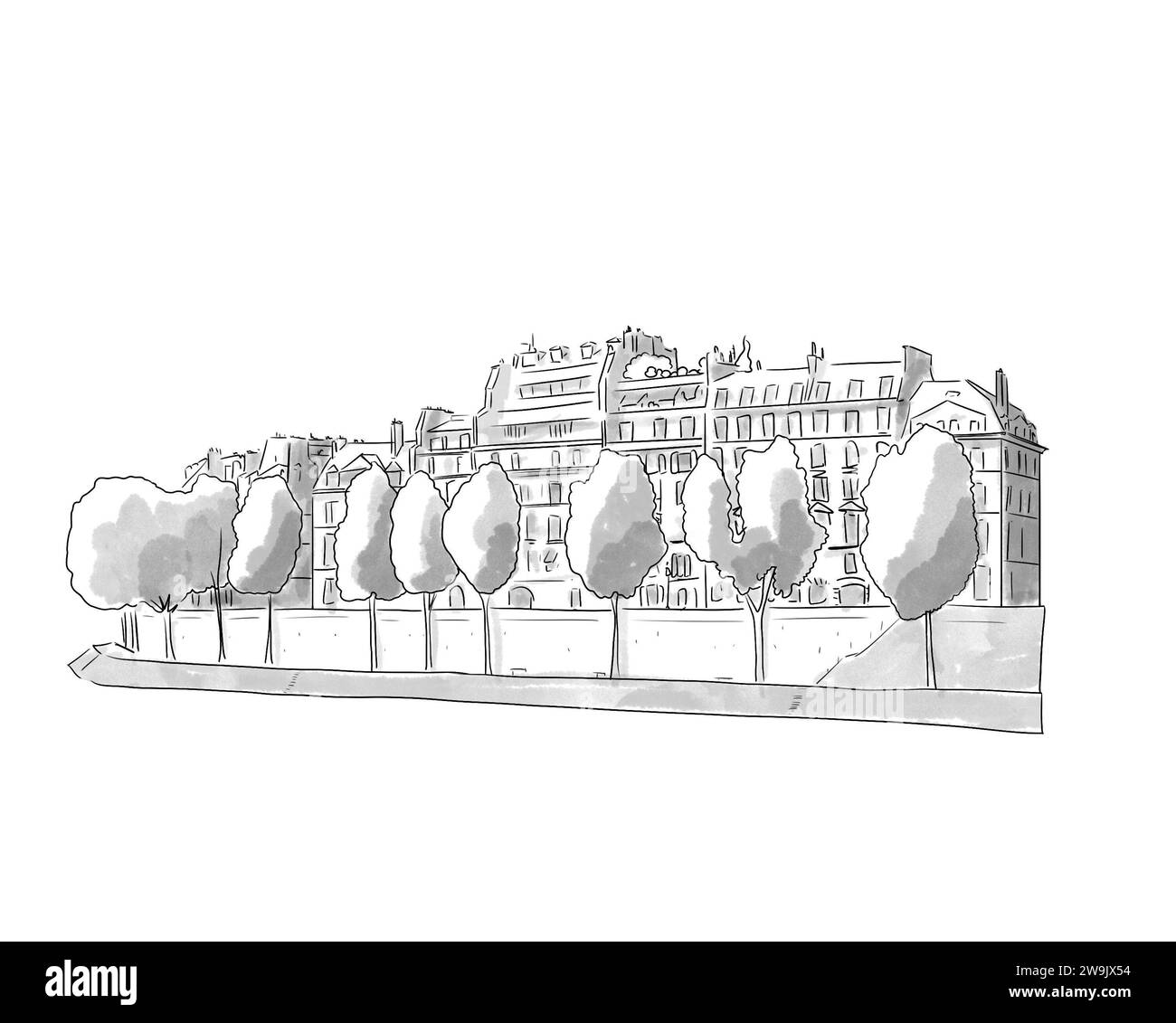 Illustration en noir et blanc de Monument de Paris, île saint louis Stockfoto