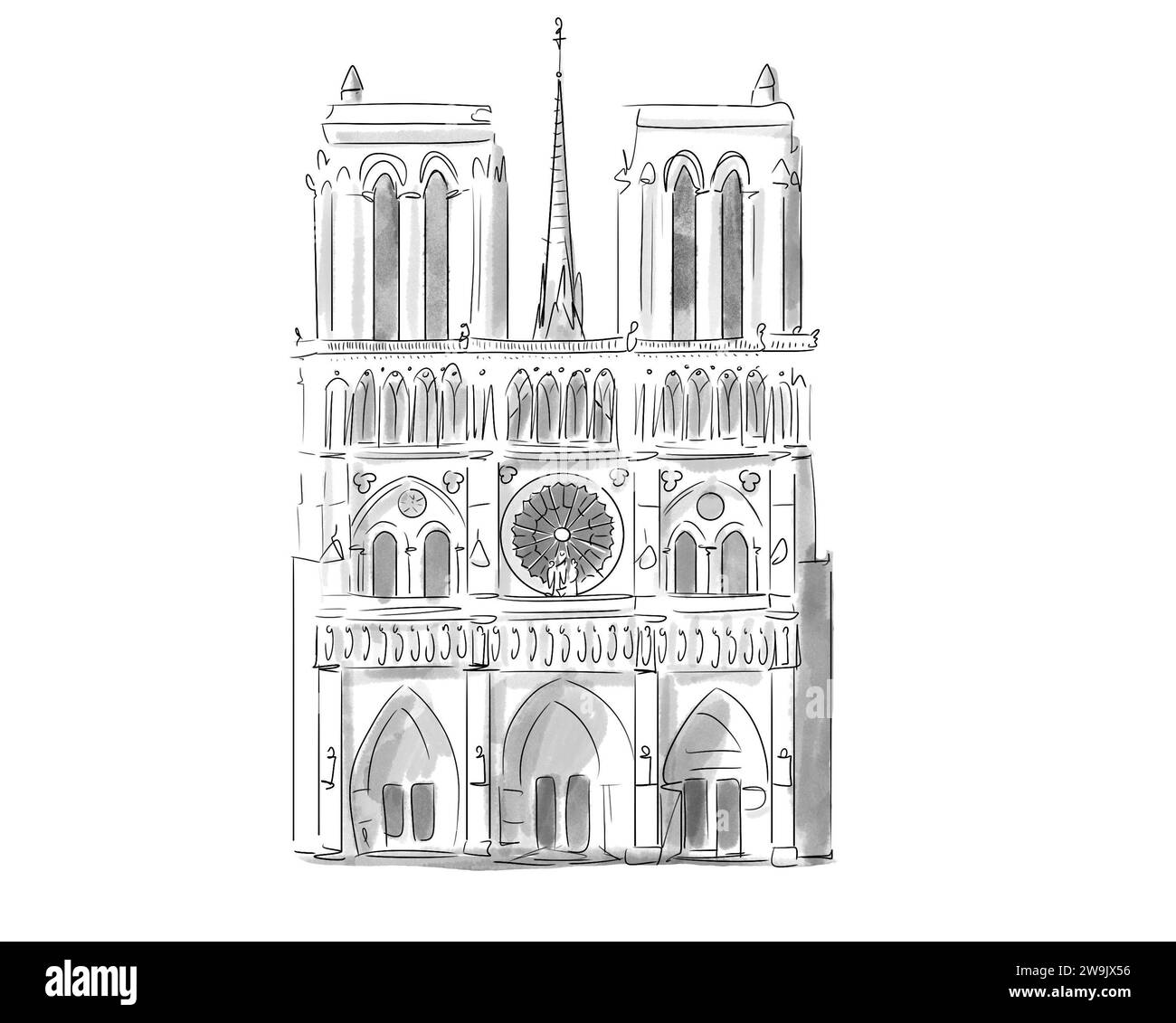 Illustration en noir et blanc de Monument de Paris, Notre Dame de Paris Stockfoto