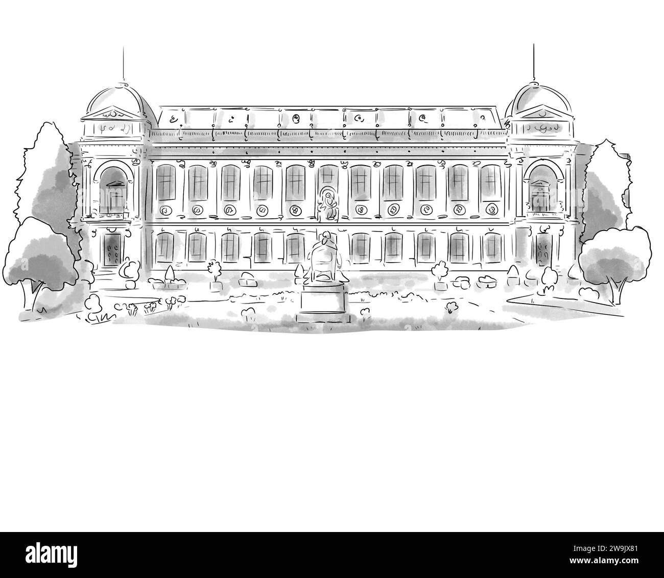 Illustration en noir et blanc de Monument de Paris, Jardin Botanique Stockfoto