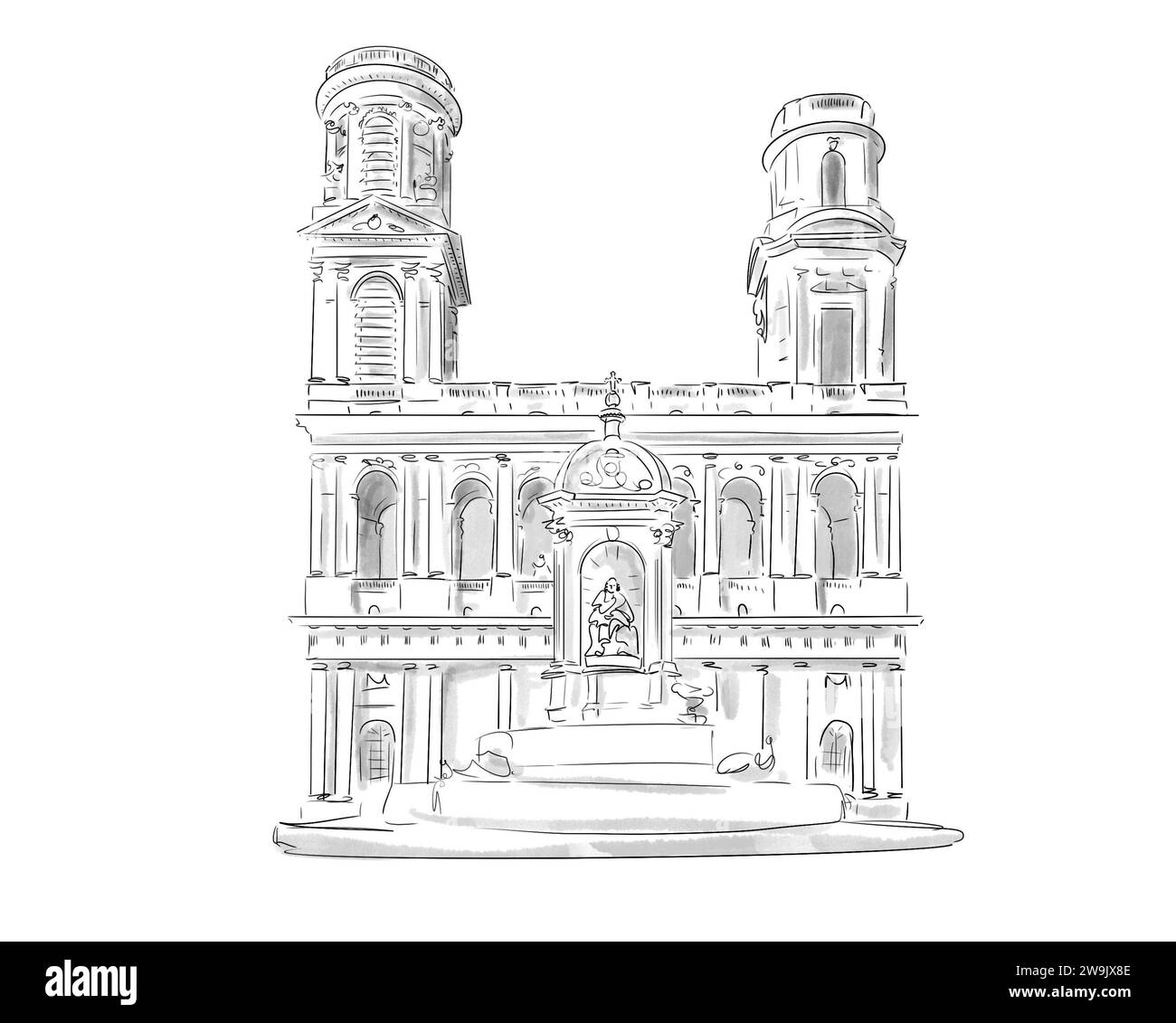 Illustration en noir et blanc de Monument de Paris, Eglise Saint Sulpice Stockfoto