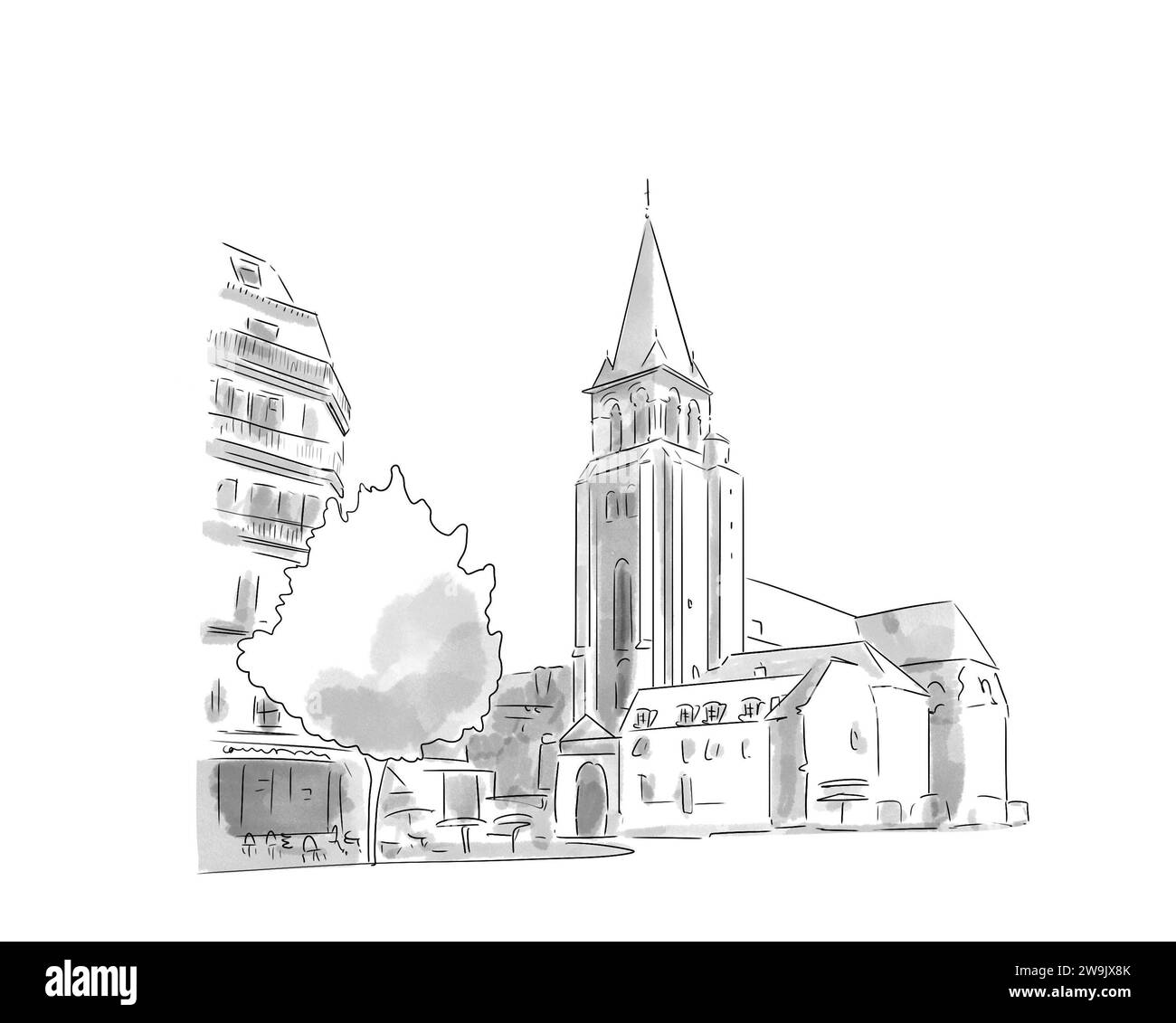 Illustration en noir et blanc de Monument de Paris, Place Saint Germain des Prés Stockfoto