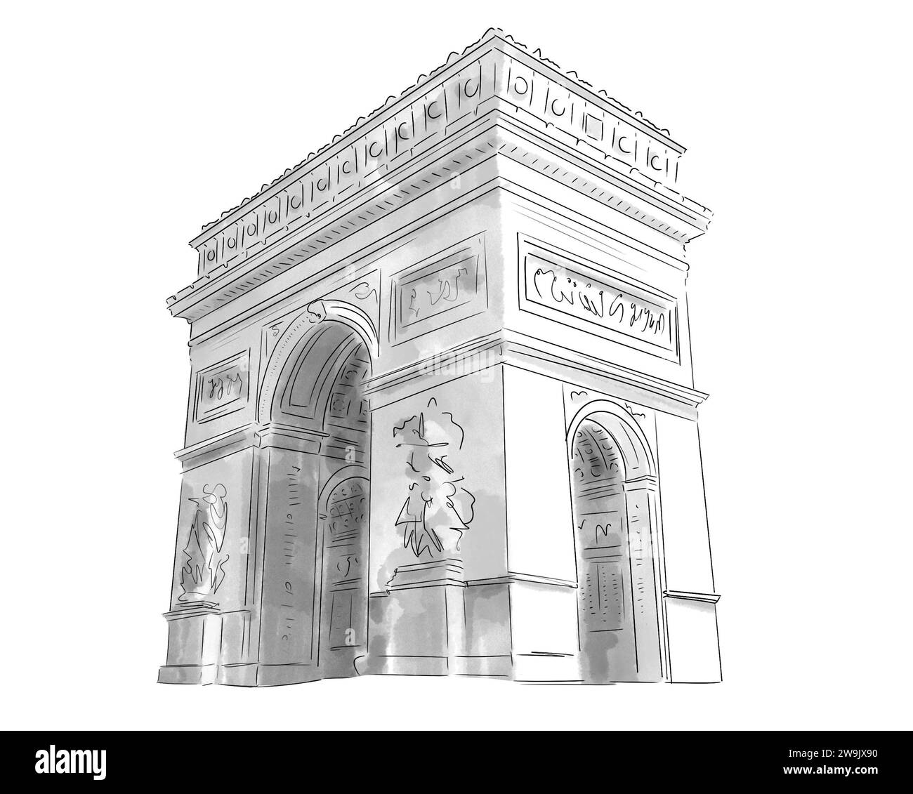 Illustration en noir et blanc de Monument de Paris, Arc de Triomphe Stockfoto
