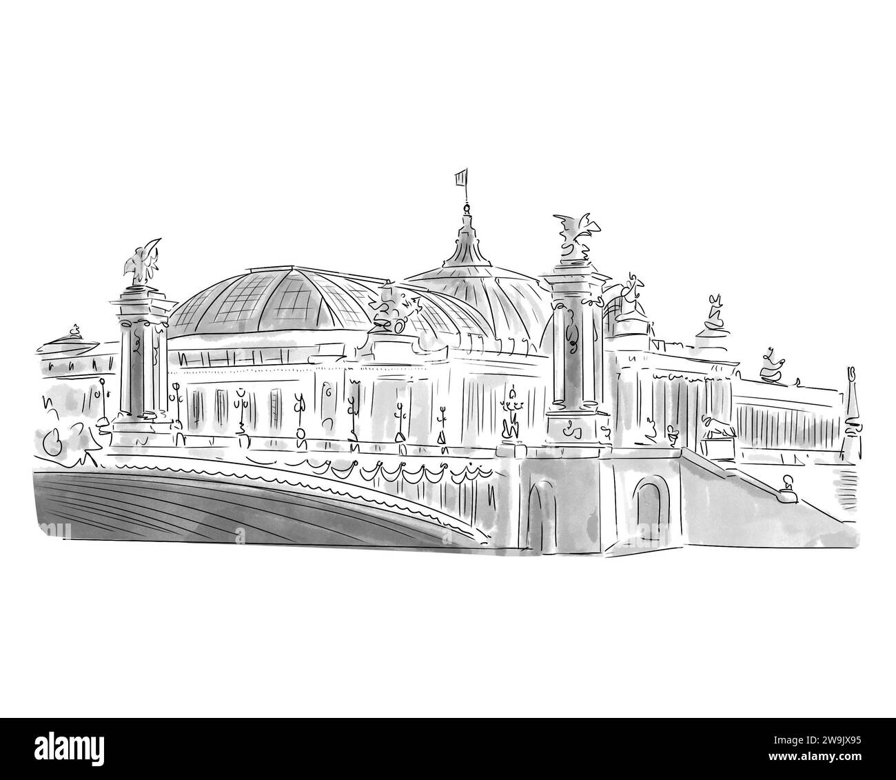 Illustration en noir et blanc de Monument de Paris, Grand Palais et Point Alexandre III Stockfoto