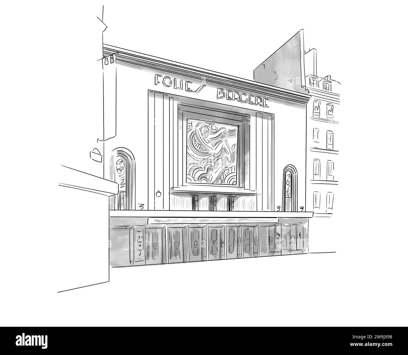 Illustration en noir et blanc de Monument de Paris, Théâtre des Folies Bergères Stockfoto