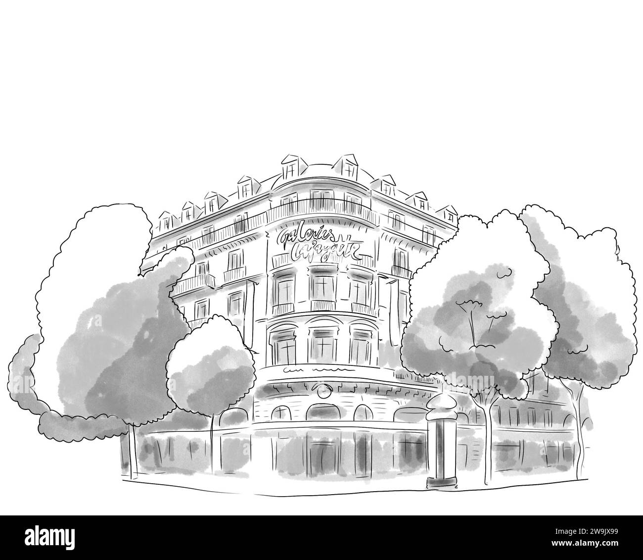 Illustration en noir et blanc de Monument de Paris, Galeries Lafayettes Stockfoto