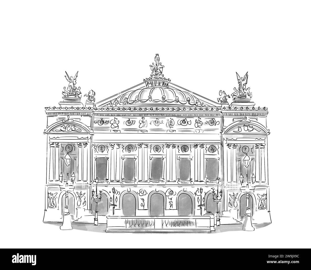 Illustration en noir et blanc de Monument de Paris, Palais Garnier Stockfoto