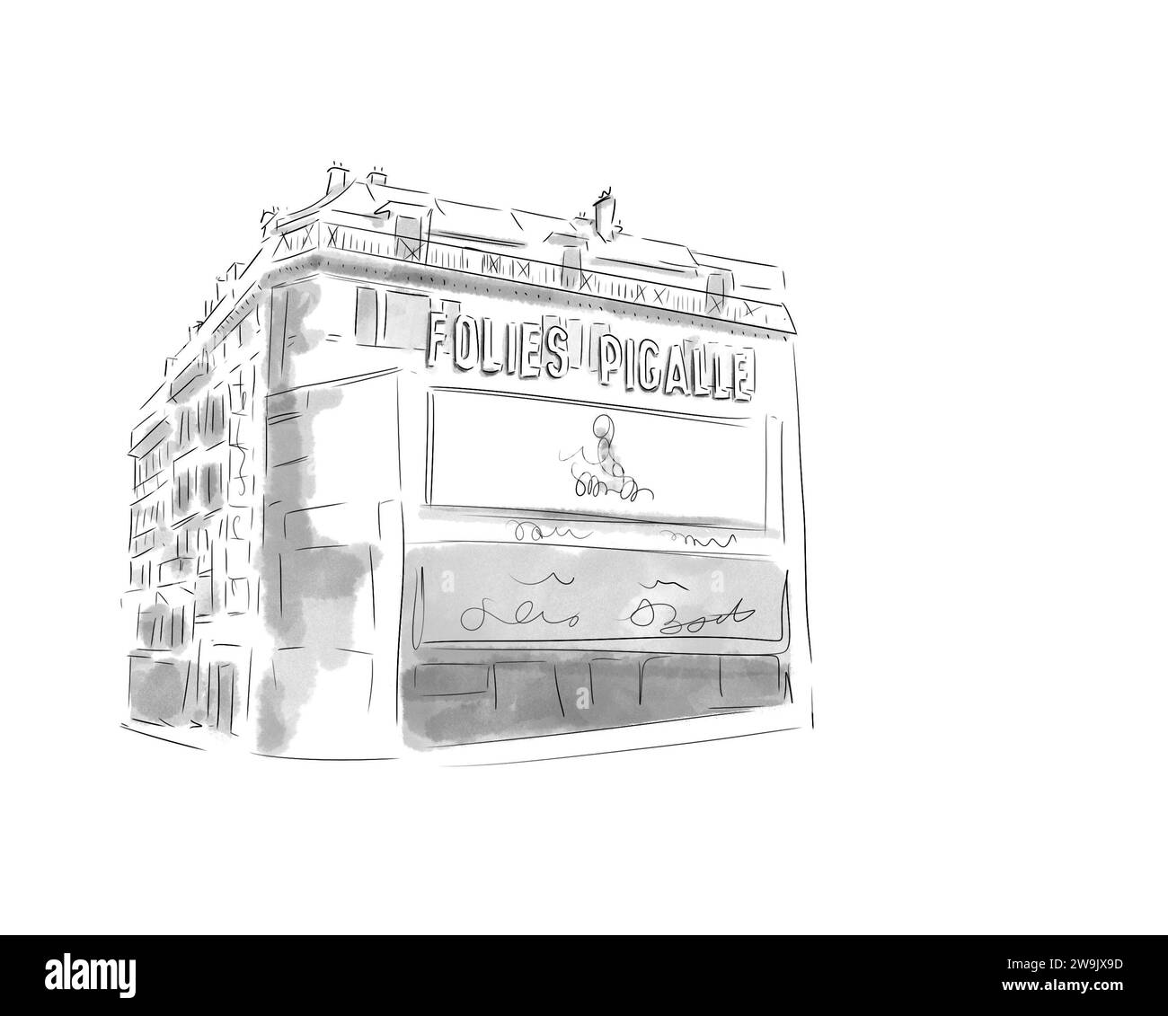 Illustration en noir et blanc de Monument de Paris, Folies Pigalle Moulin Rouge Stockfoto