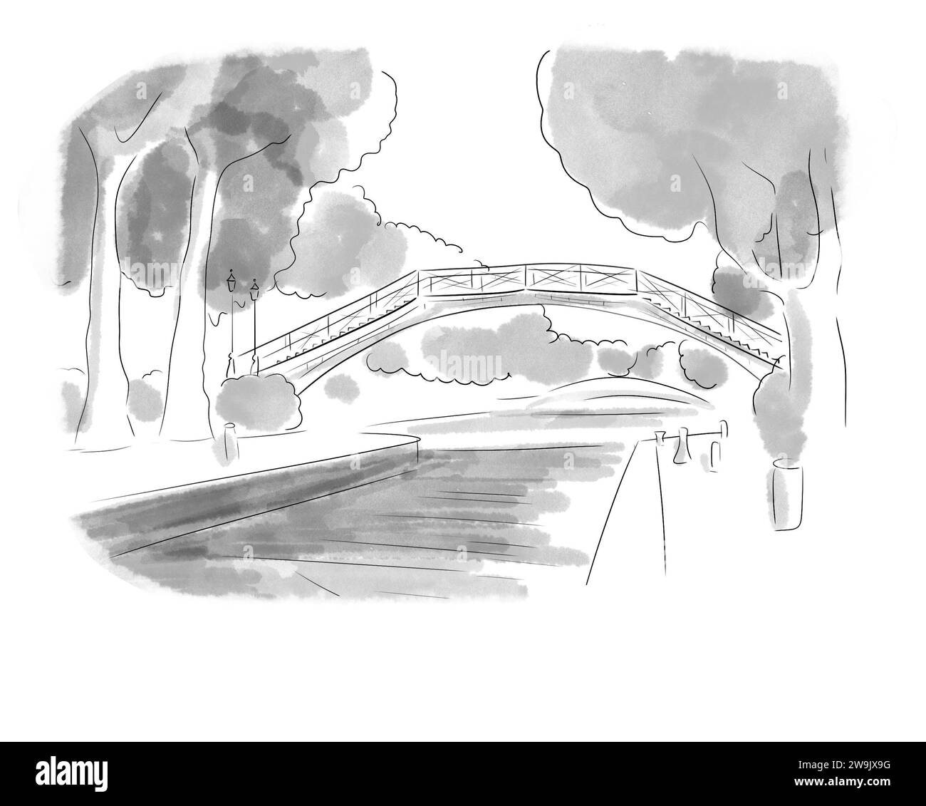 Illustration en noir et blanc de Monument de Paris, Canal Saint Martin Stockfoto