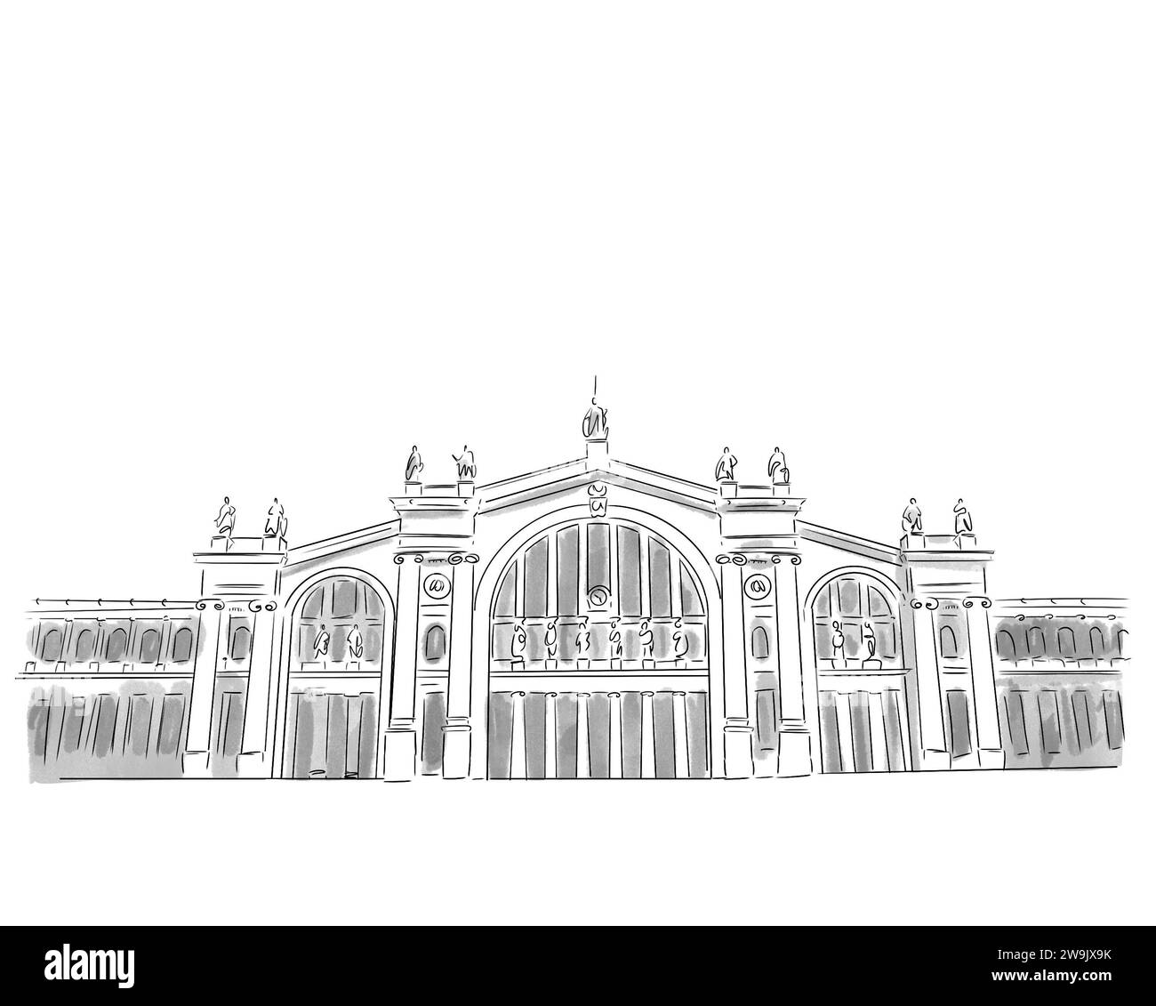 Illustration en noir et blanc de Monument de Paris, Gare du Nord Stockfoto