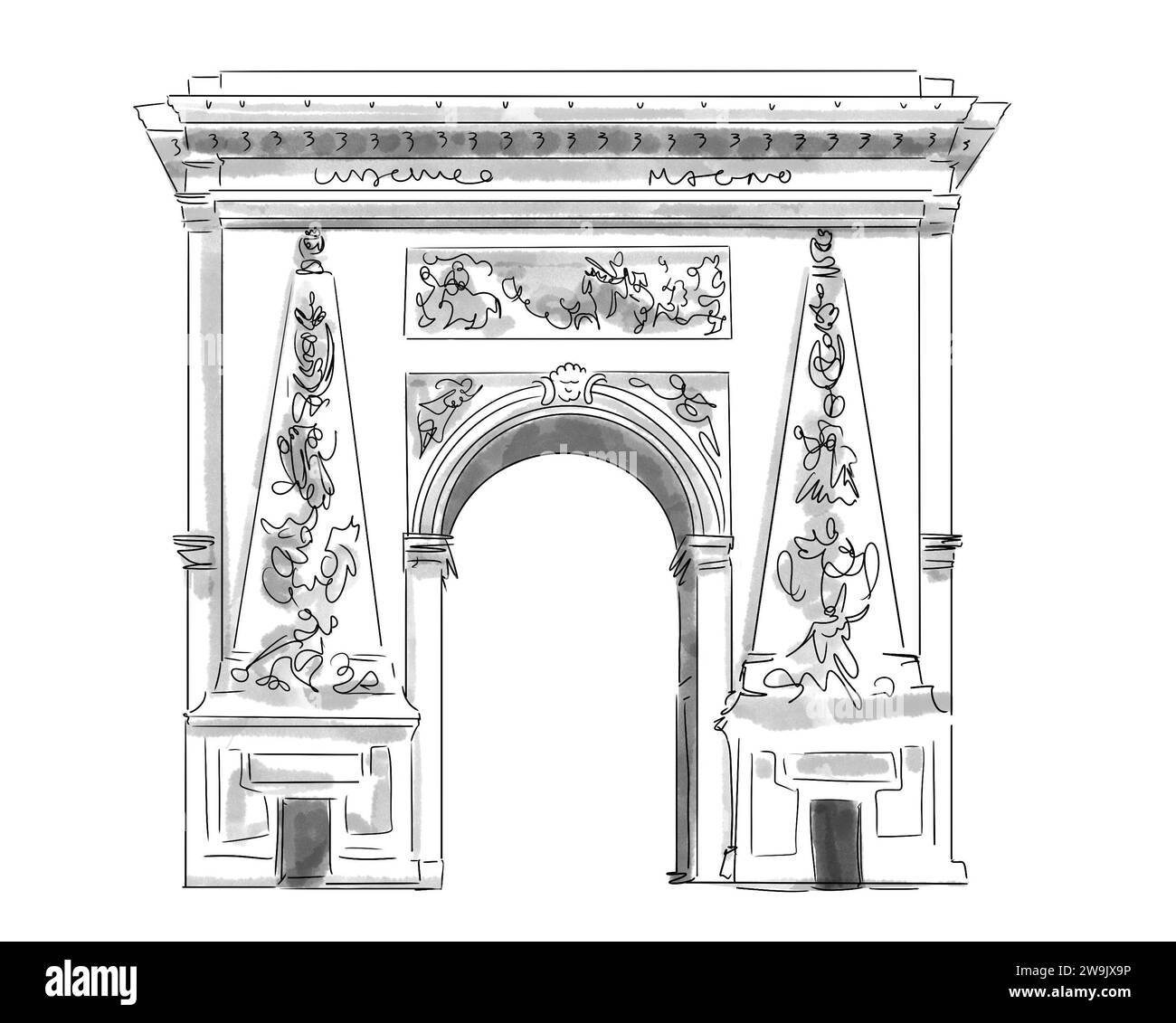 Illustration en noir et blanc de Monument de Paris, Porte de Saint Denis Stockfoto