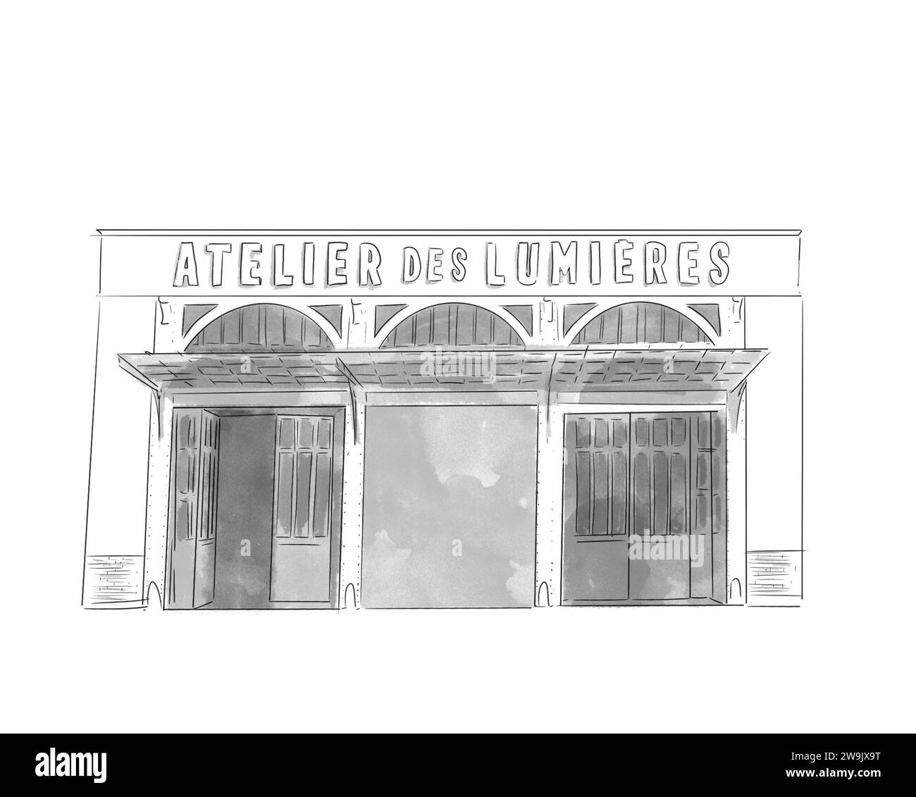 Illustration en noir et blanc de Monument de Paris, Atelier des Lumières Stockfoto