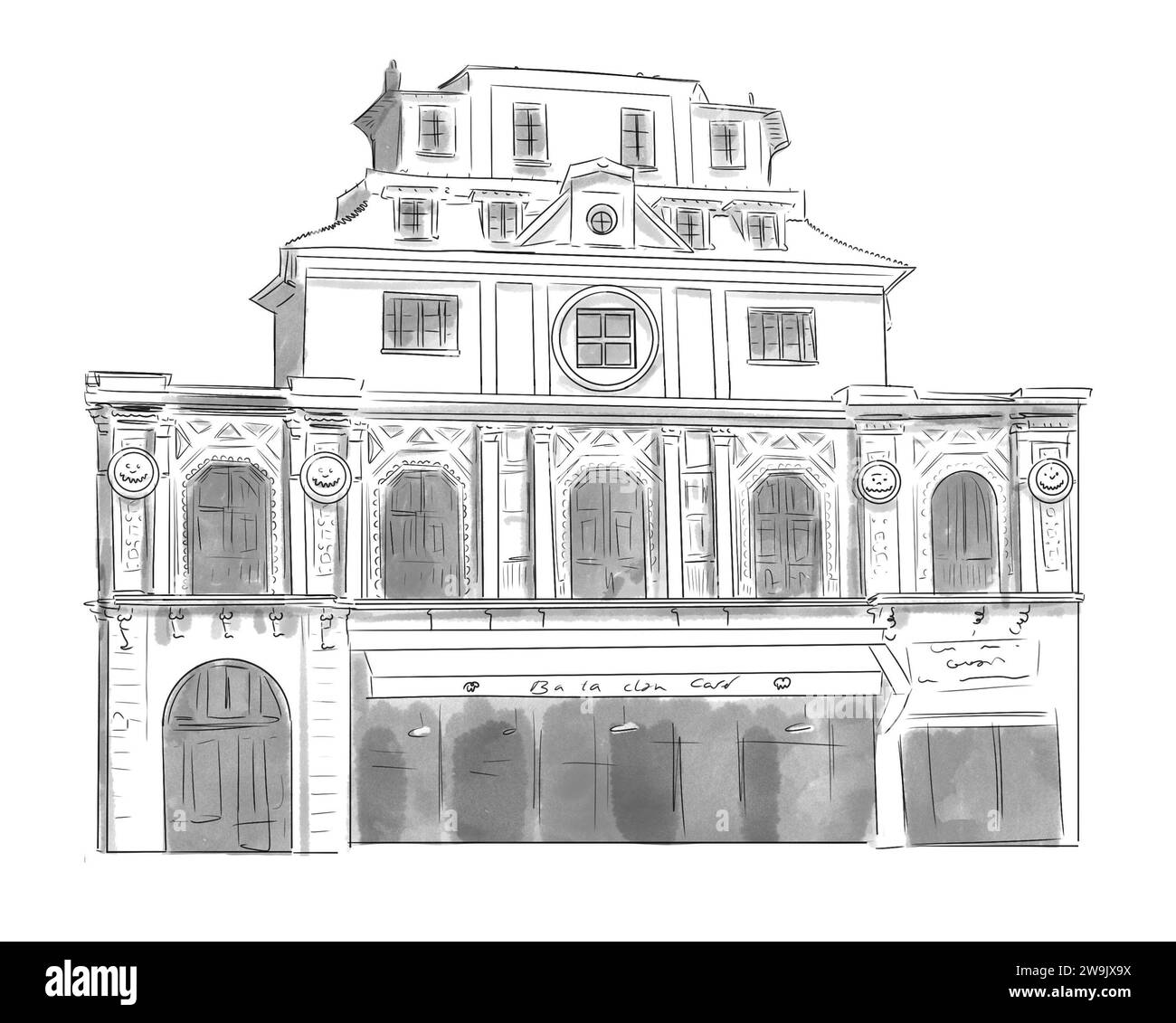 Illustration en noir et blanc de Monument de Paris, Bataclan Stockfoto