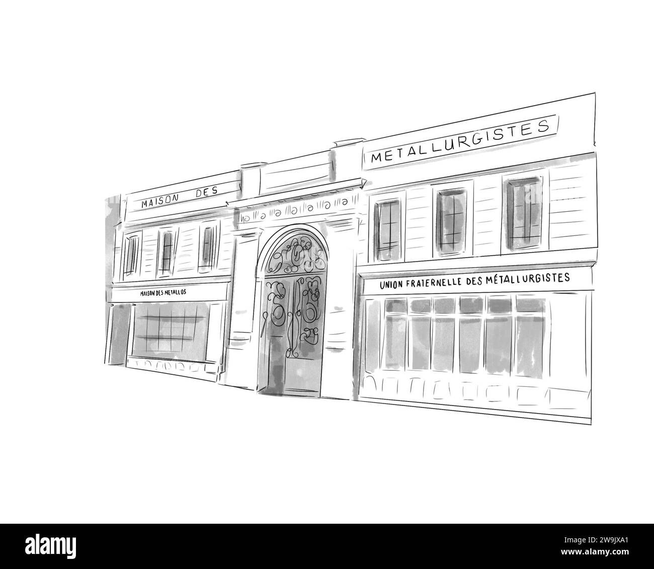 Illustration en noir et blanc de Monument de Paris, Maison des Métallos Stockfoto
