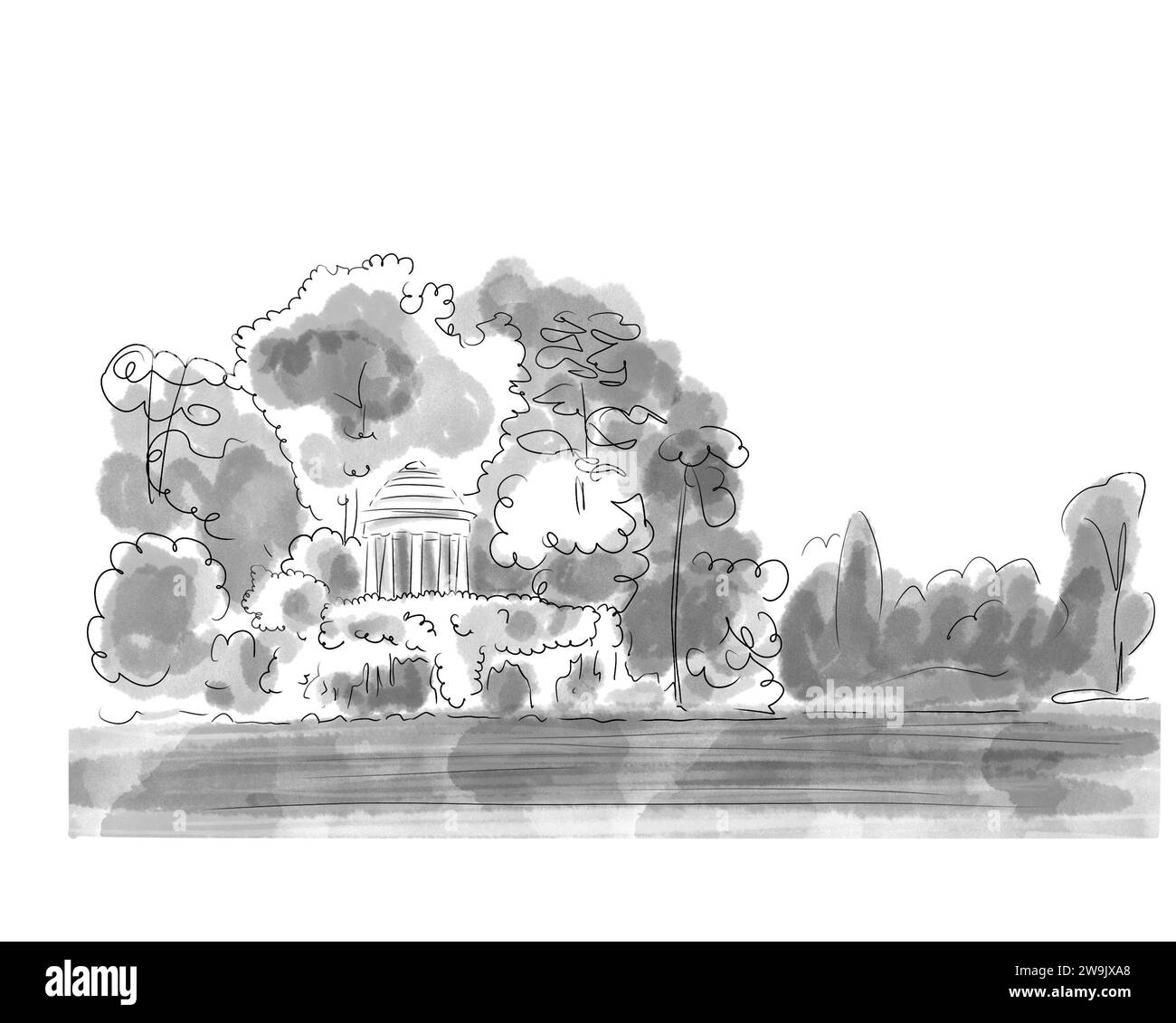 Illustration en noir et blanc de Monument de Paris, Bois de Vincennes Stockfoto