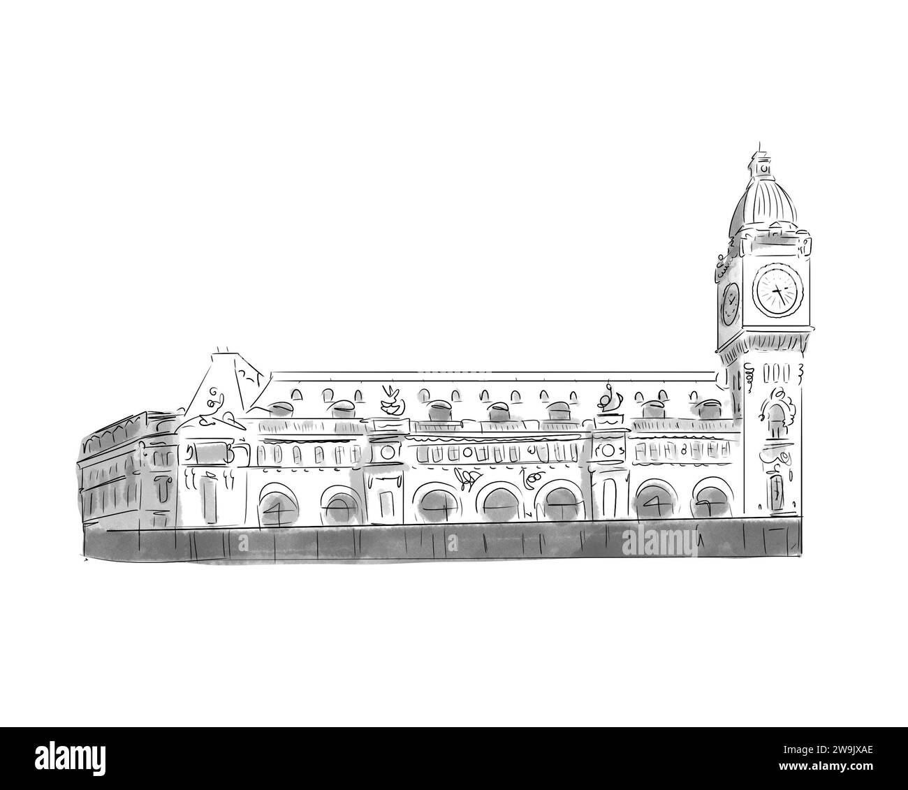Illustration en noir et blanc de Monument de Paris, Gare de Lyon Stockfoto