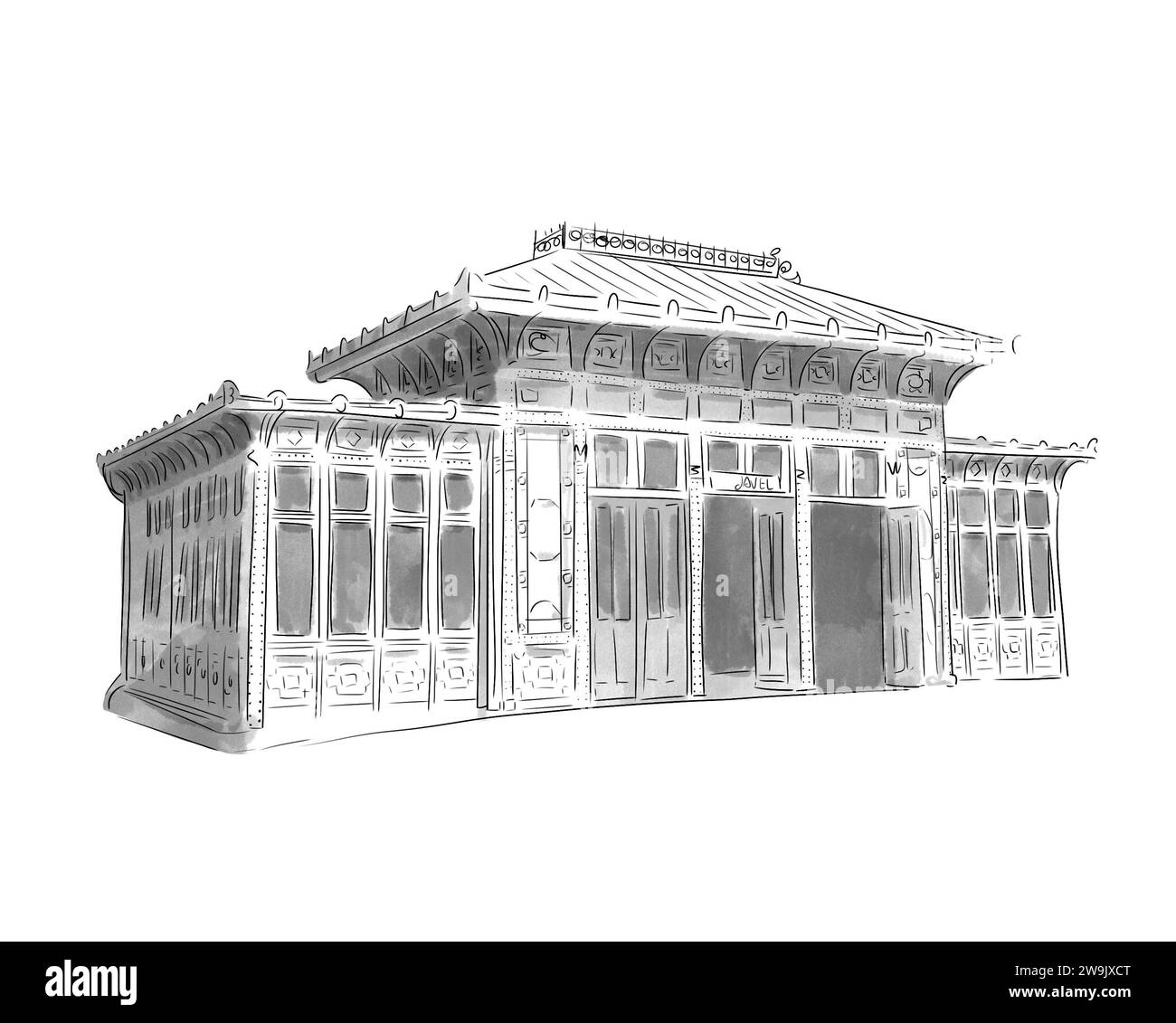 Illustration en noir et blanc de Monument de Paris, Gare de Javel Stockfoto