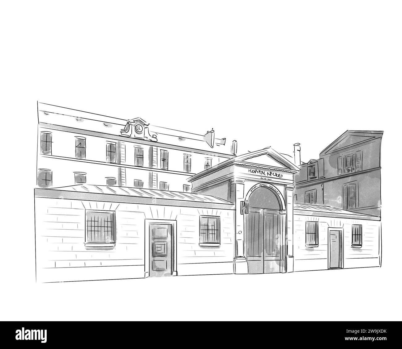 Illustration en noir et blanc de Monument de Paris, Hôpital Necker Stockfoto