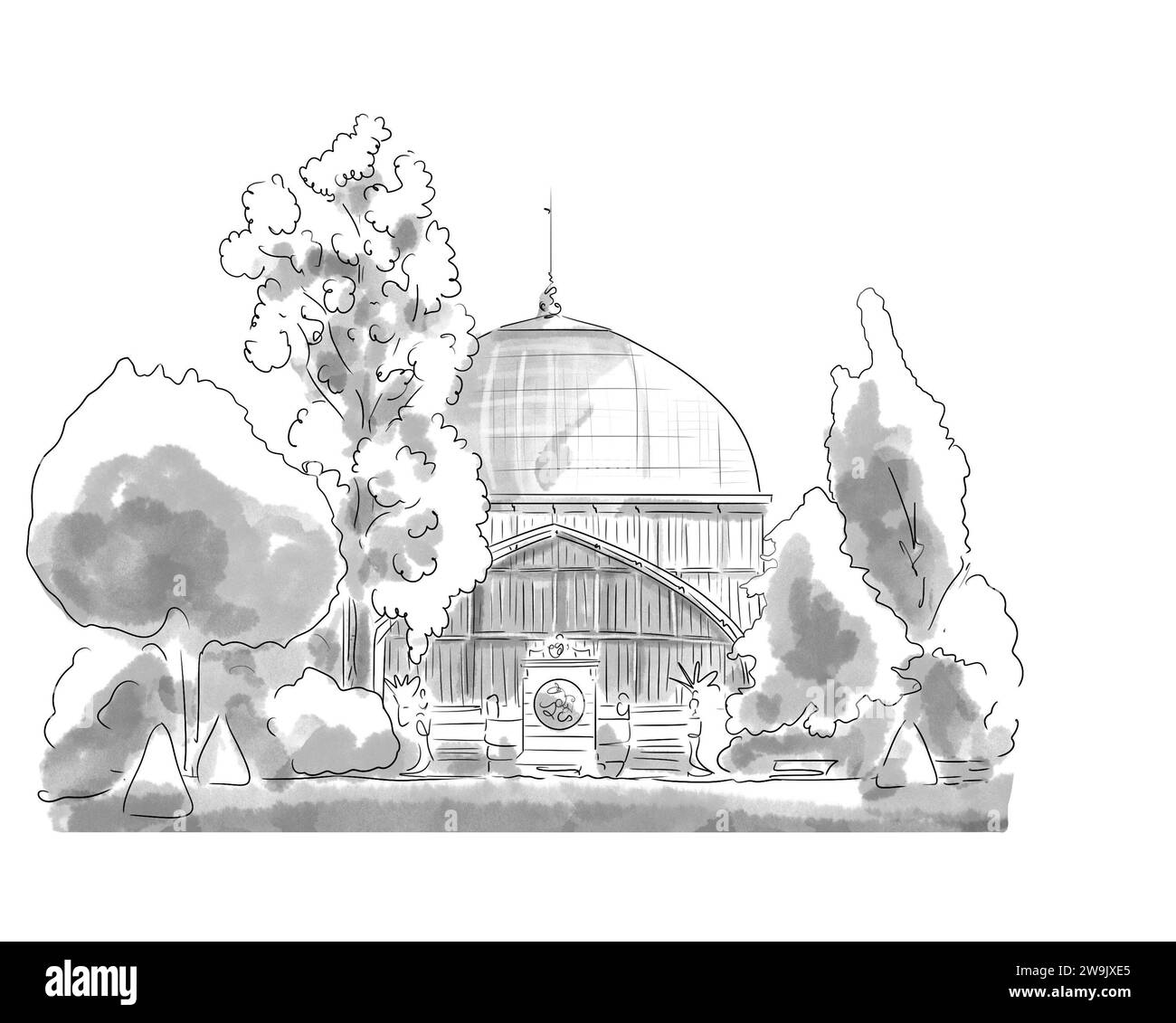 Illustration en noir et blanc de Monument de Paris, Bois de Boulogne Stockfoto