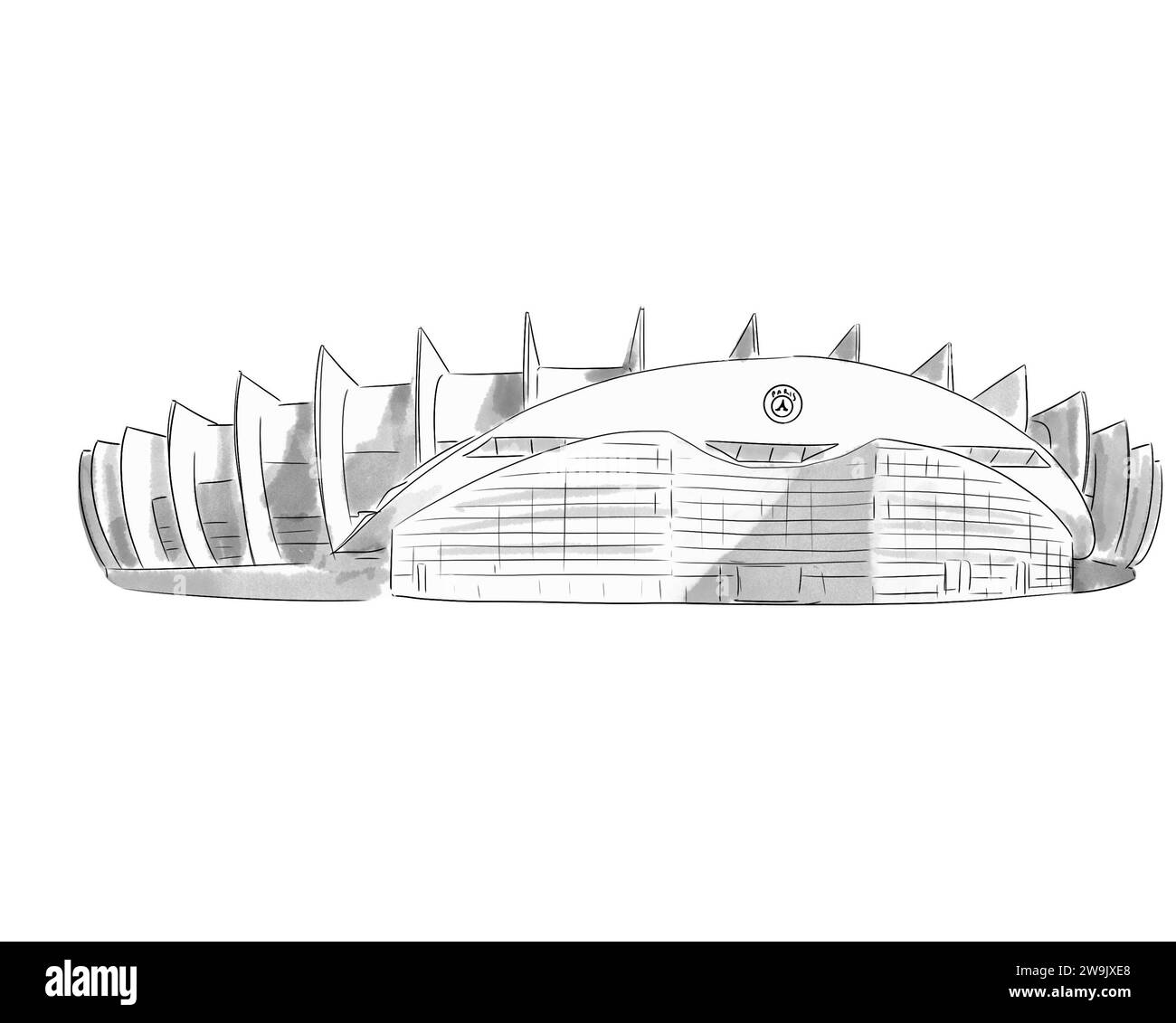 Illustration en noir et blanc de Monument de Paris, Stadion du PSG, Parc des Princes Stockfoto
