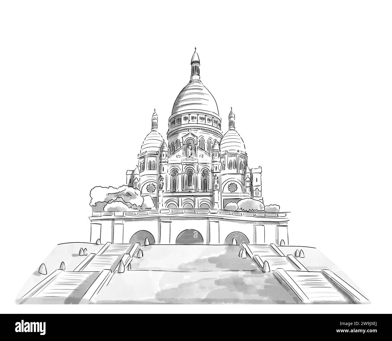 Illustration en noir et blanc de Monument de Paris, Basilique du Sacré-Coeur, Colline de Montmartre Stockfoto