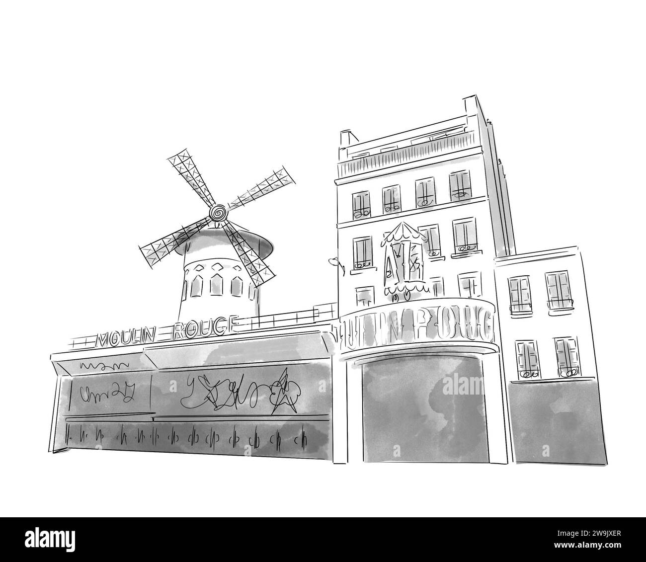Illustration en noir et blanc de Monument de Paris, Théâtre du Moulin Rouge, Pigalle Stockfoto