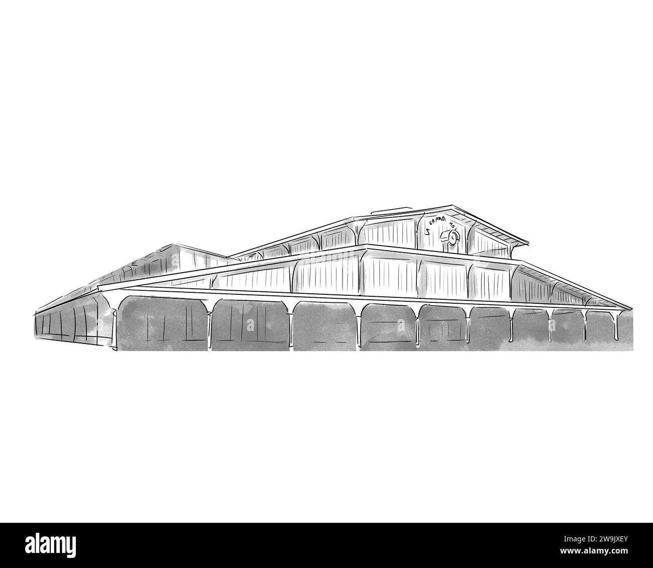 Illustration en noir et blanc de Monument de Paris, Les Grandes Halles de la Vilette Stockfoto