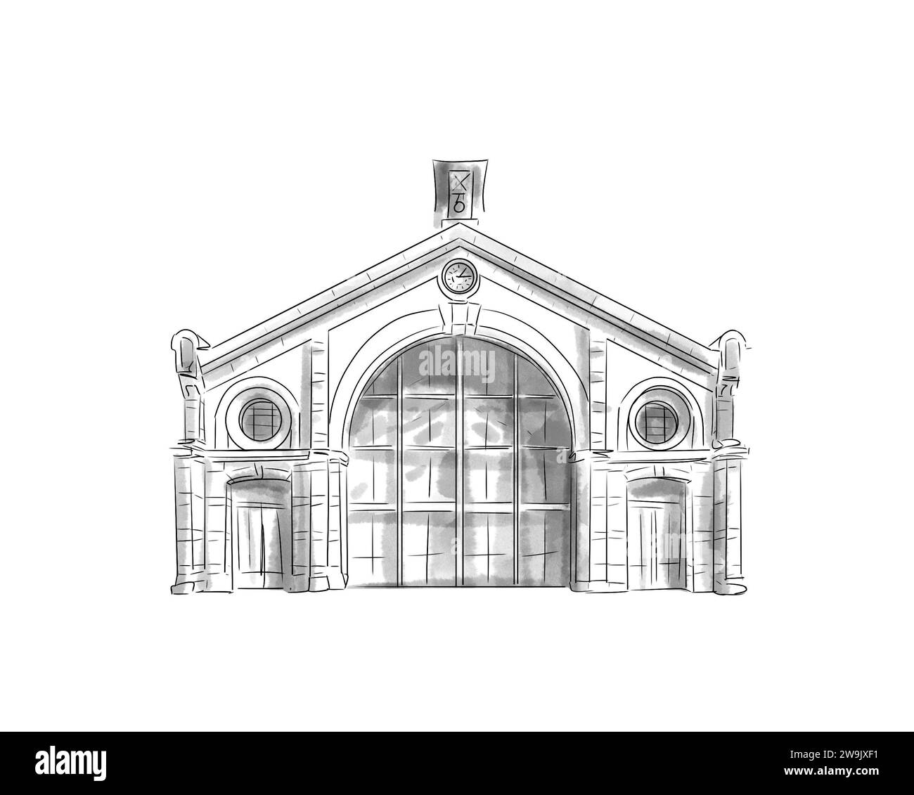 Illustration en noir et blanc de Monument de Paris, les Cent-Quatre Stockfoto