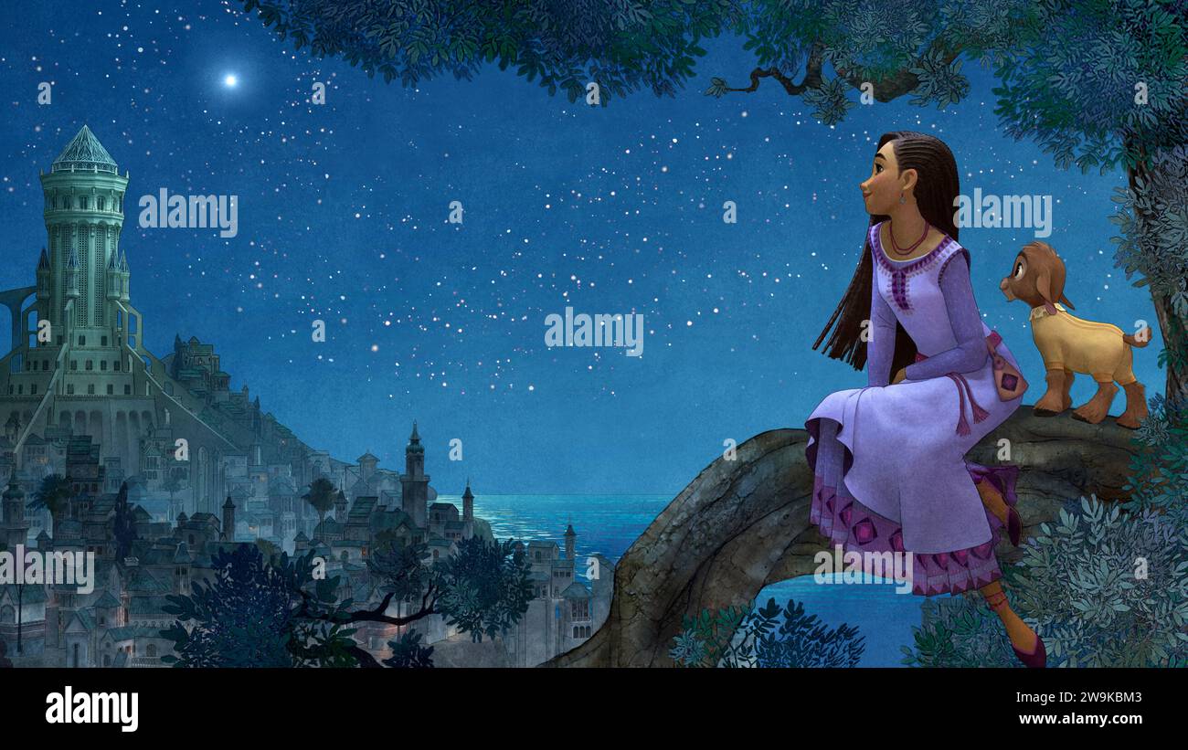 Wish (2023) unter der Regie von Chris Buck und Fawn Veerasunthorn mit Ariana DeBose als Stimme von Asha, einem jungen Mädchen, das sich einen Stern wünscht und eine direktere Antwort bekommt, als sie erwartet hat, wenn ein störender Stern vom Himmel kommt, um sich ihr anzuschließen. Produktionskunst ***NUR REDAKTIONELLE VERWENDUNG***. Quelle: BFA / Walt Disney Studios Stockfoto