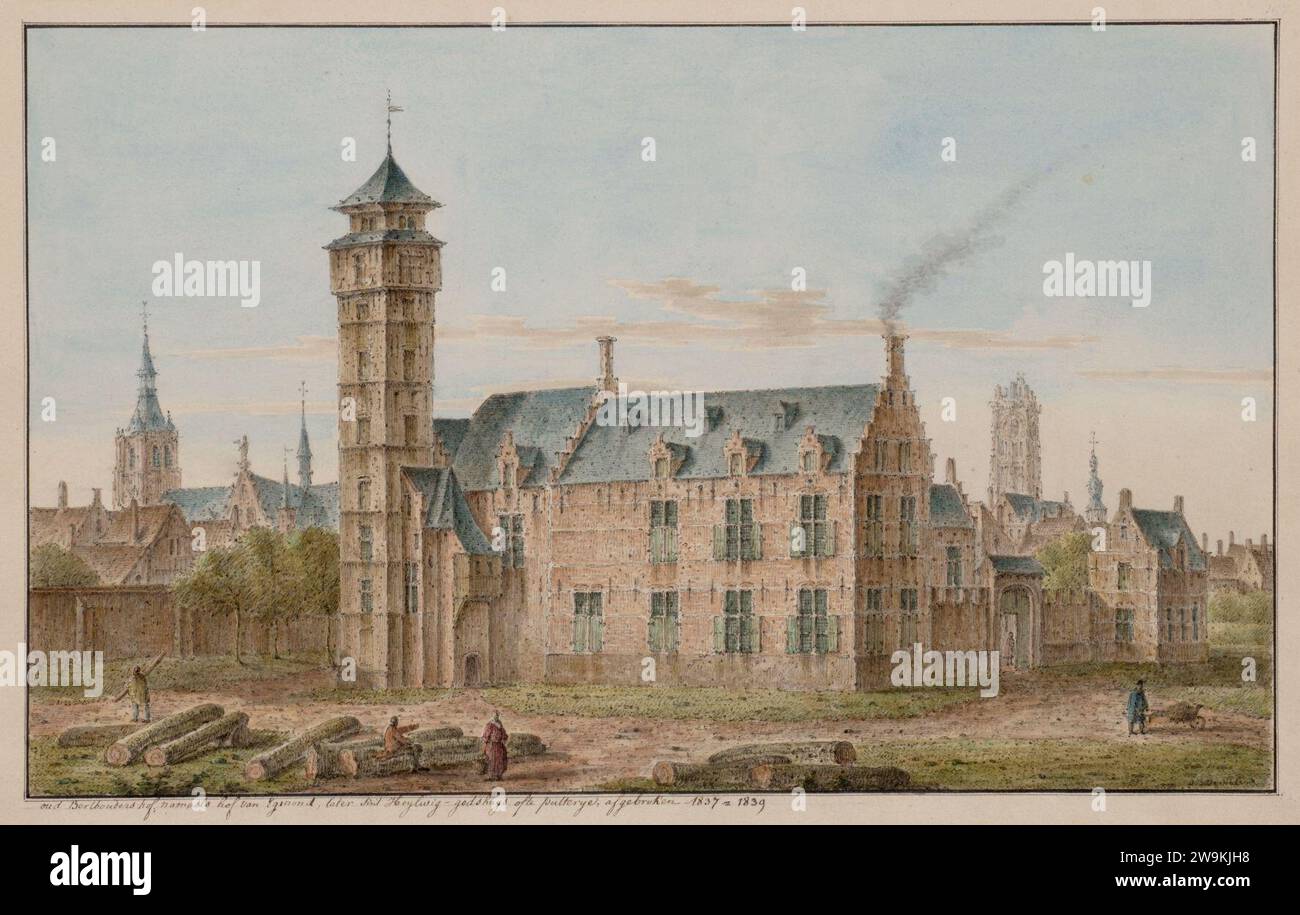 Zicht op het Oud Hof van Egmont, Nadien Sint-Heilwichsgodshuis, ook Putterij genoemd. Afgebroken 1837-1839. Stockfoto