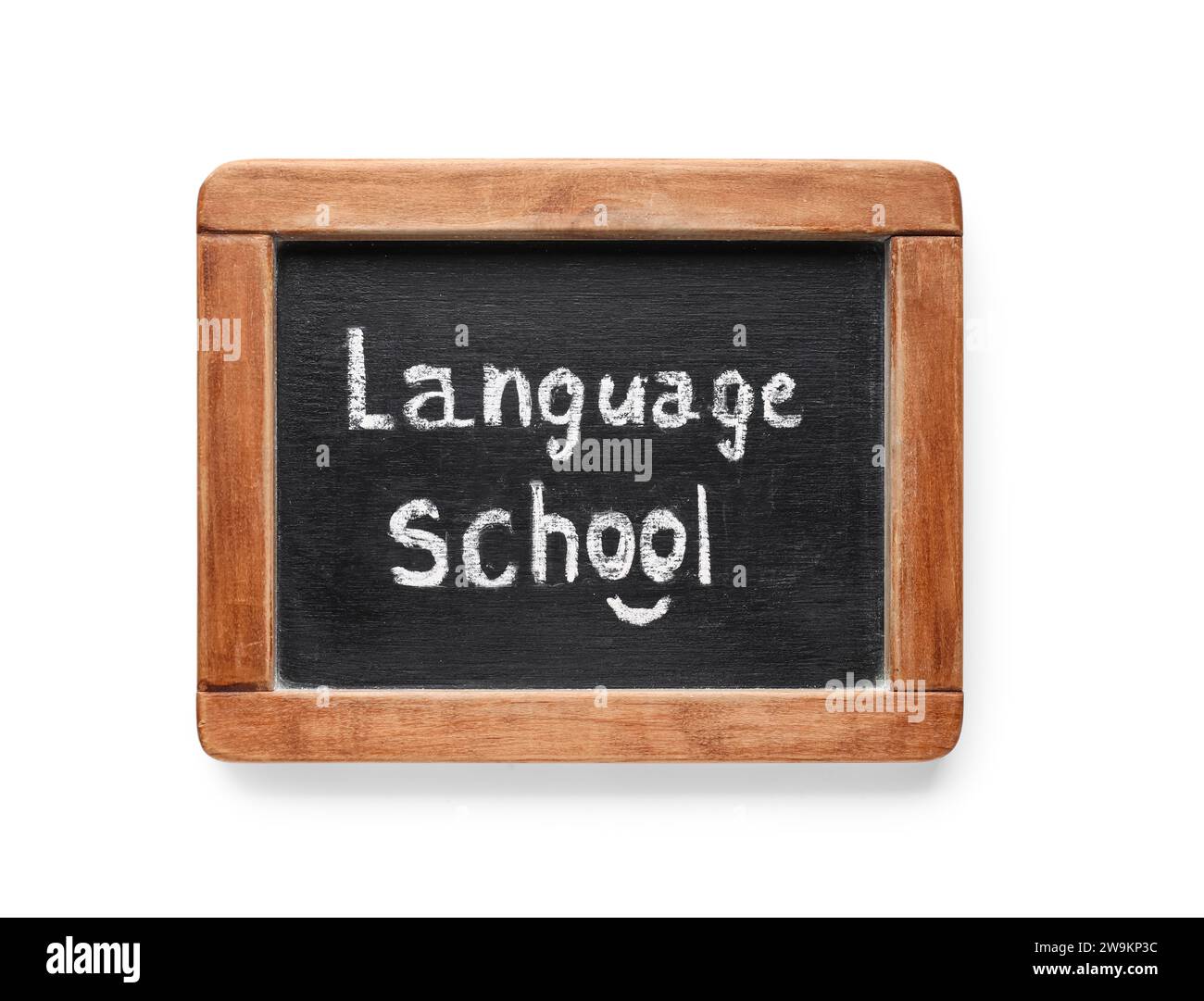 Tafel mit SPRACHSCHULE isoliert auf weißem Hintergrund Stockfoto