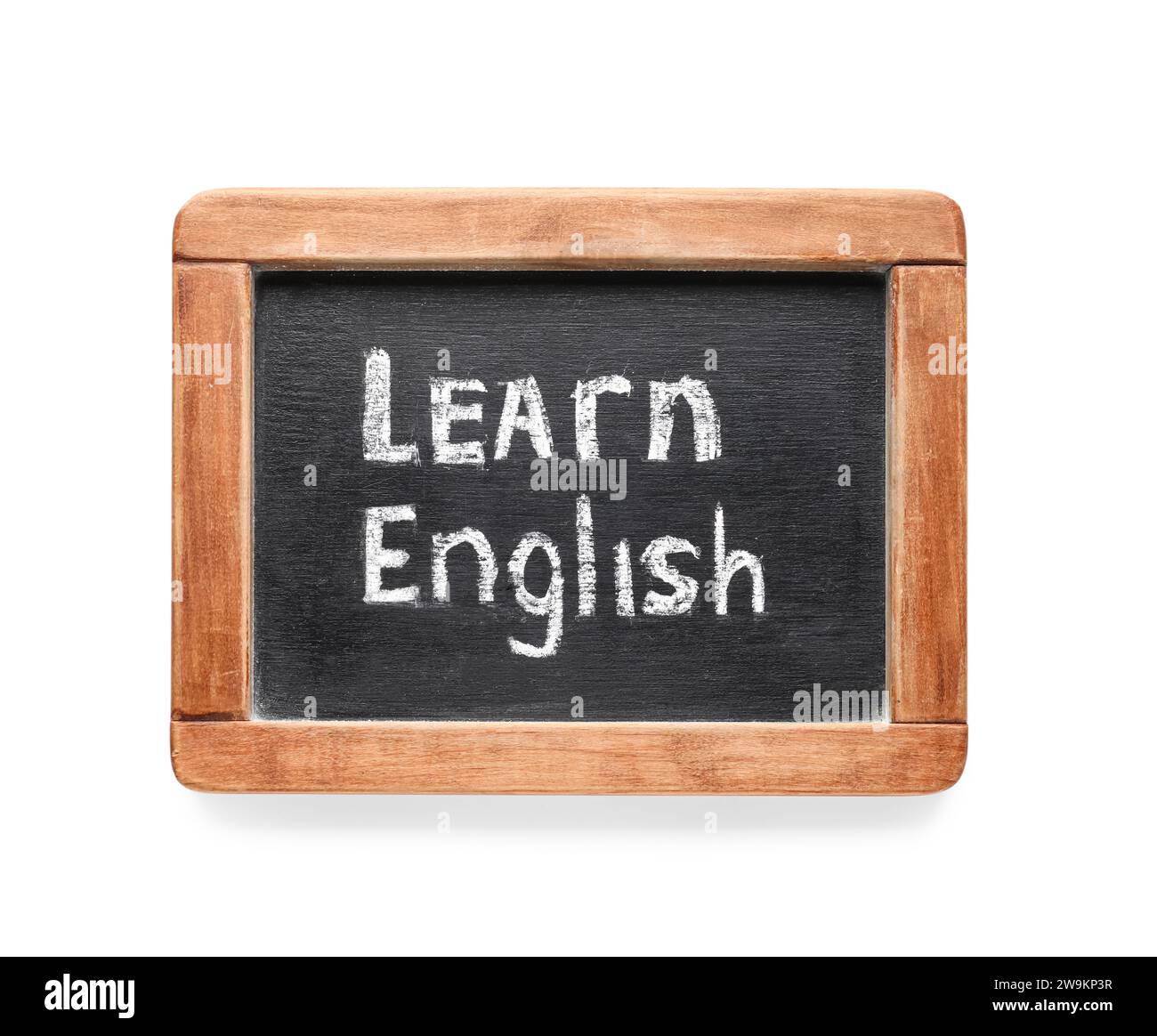 Tafel mit Text LERNEN SIE ENGLISCH isoliert auf weißem Hintergrund Stockfoto