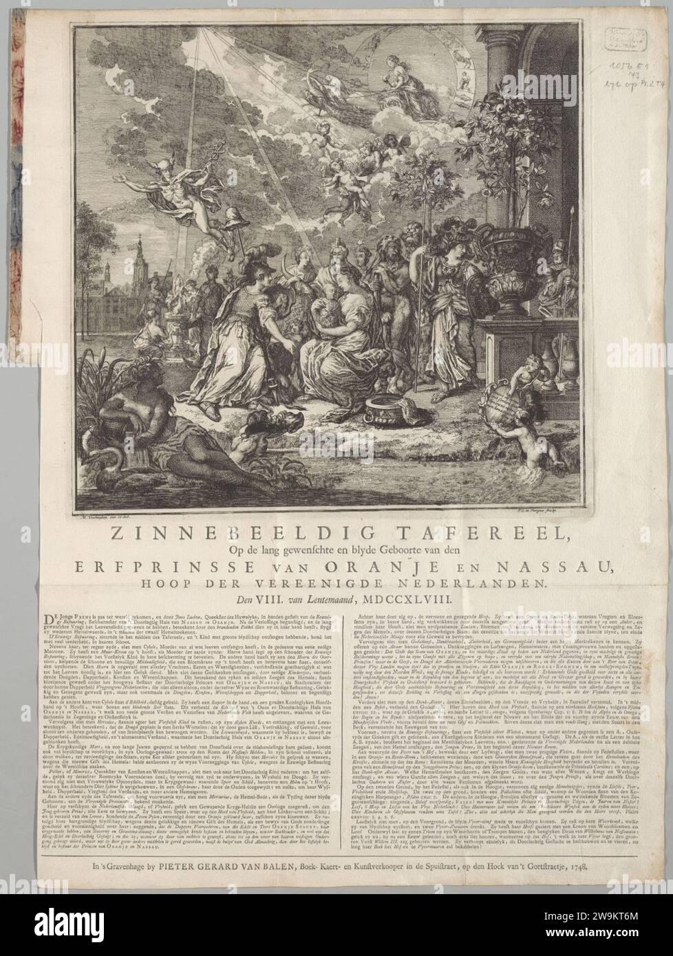 Zinnebeeldig tafereel, op de lang gewenschte en blyde geboorte van den Erfprinsse van Oranje en Nassau - Hoop der Vereenigde Nederlanden. Den VIII Van lentemaand, MDCCXLVIII -- M. Verheyden ; I.L - KONB16-417000448 - Prent 1 van 1. Stockfoto