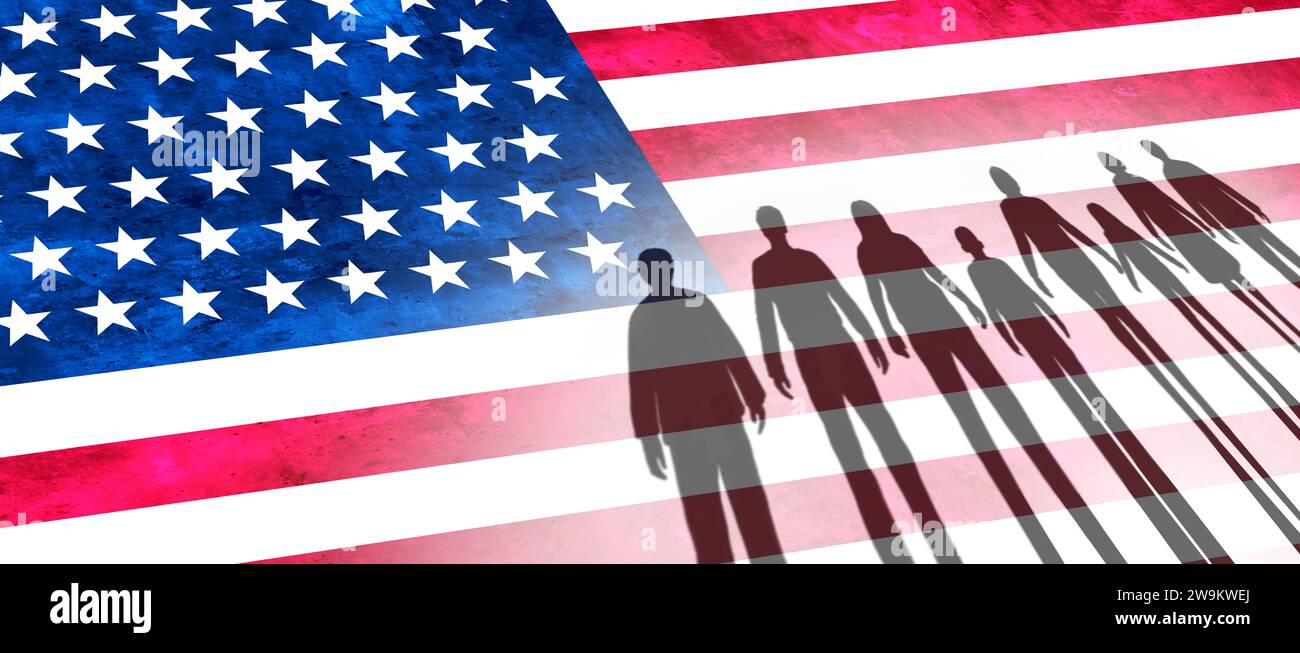 US-Einwanderungskrise und amerikanisches Flüchtlingszuwanderungskonzept als Menschen an einer Grenzmauer mit US-Flagge als soziales Thema über Flüchtlinge oder Immigranten Stockfoto