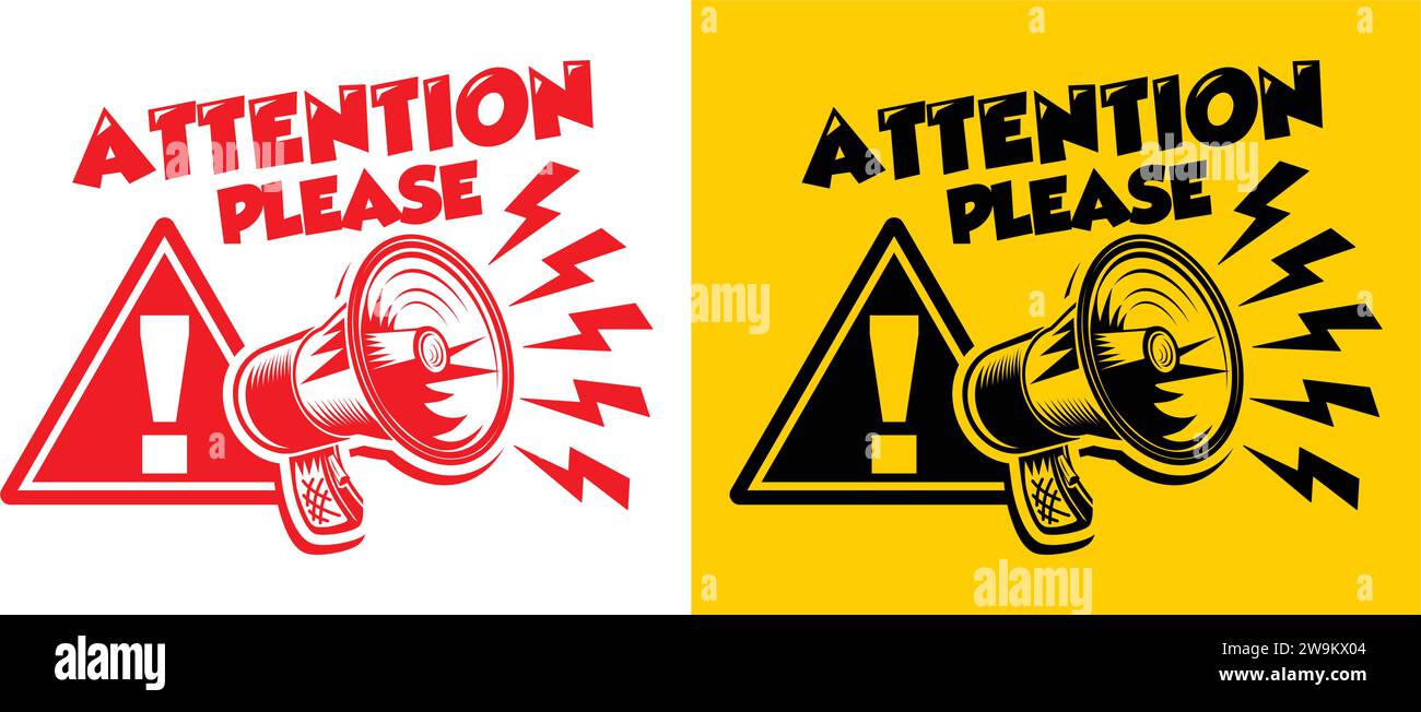 Achtung, bitte. Warnschild mit Megaphon als Vorlage für wichtigen Hinweis. Vektor auf transparentem Hintergrund Stock Vektor