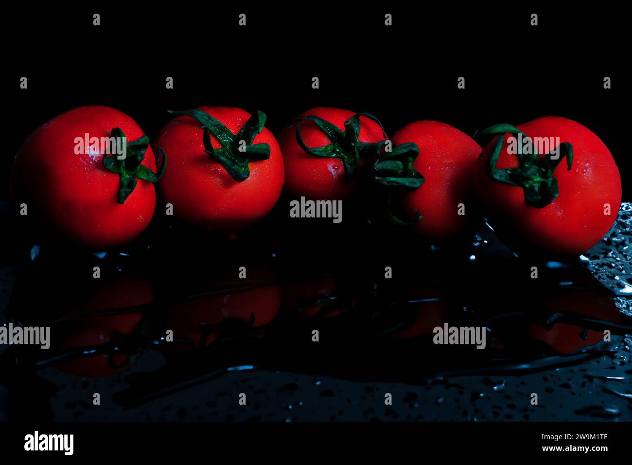 Mehrere Tomaten sind ordentlich auf einem wässrigen Glastisch angeordnet. Frisch und reflektierend Stockfoto