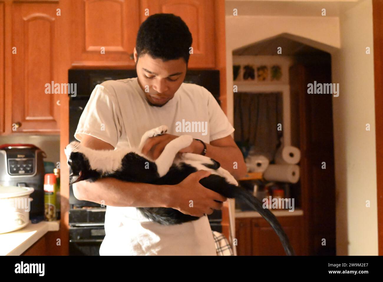 Fair Lawn, New Jersey, USA. Dezember 2023. Jack Haustiere Tuxedo Cat, Leo und Leo reagieren liebevoll. Tuxedo-Katze namens Leo in einem Haus mit seinem Besitzer namens Jack in Fair Lawn, New Jersey. Tuxedo-Katzen gehören laut einer Priceonomics-Studie zu den am wenigsten adoptierten Katzen in Tierheimen in den Vereinigten Staaten von Amerika. Laut Studie liegen sie unter 70 %, was sie als „ungewöhnlich niedrig“ bezeichnen. Tuxedo ist keine echte Katzenrasse und es ist nur ein Begriff, um eine Art Katzenfellmuster zu beschreiben. Der offizielle Name für Smoking ist „zweifarbige Katzen“. Tuxedo-Katzen sind berühmt für Popkultur und im wirklichen Leben. Stockfoto