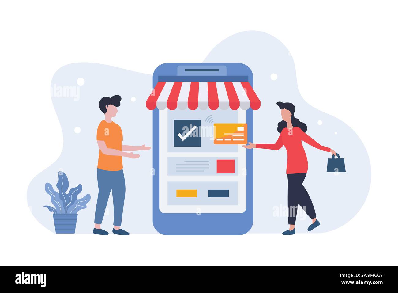 Online-Shopping-Konzept der bargeldlosen Bezahlung mit Kreditkarte, Vektorflachbild Stock Vektor