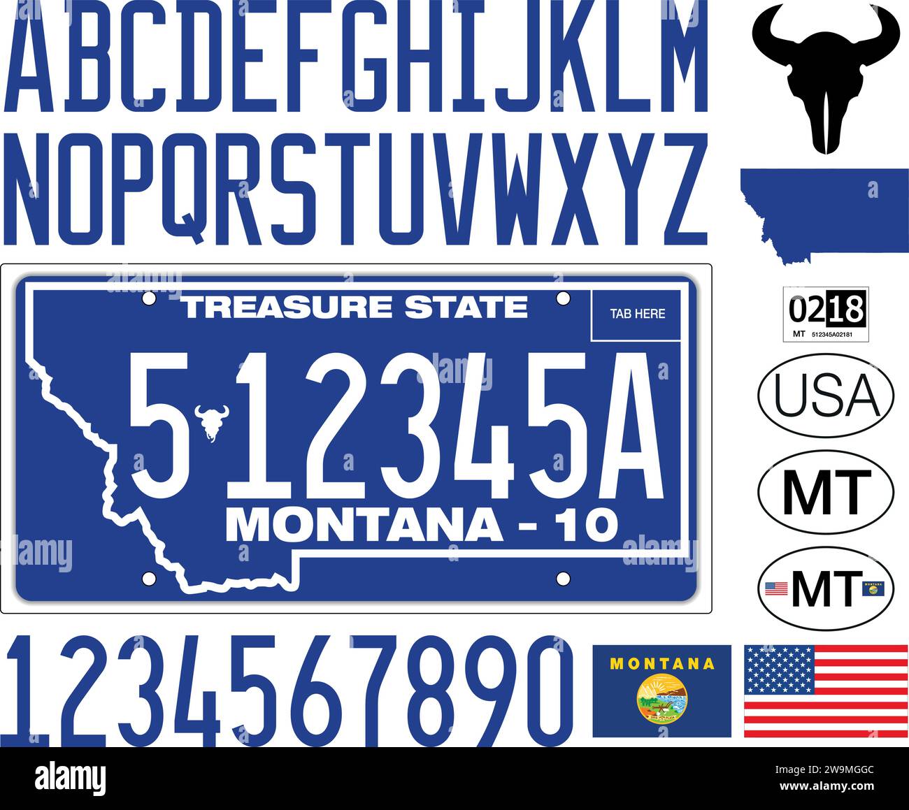 Montana Autokennzeichen blau, Buchstaben, Zahlen und Symbole, Vektorillustration, Montana State, USA Stock Vektor
