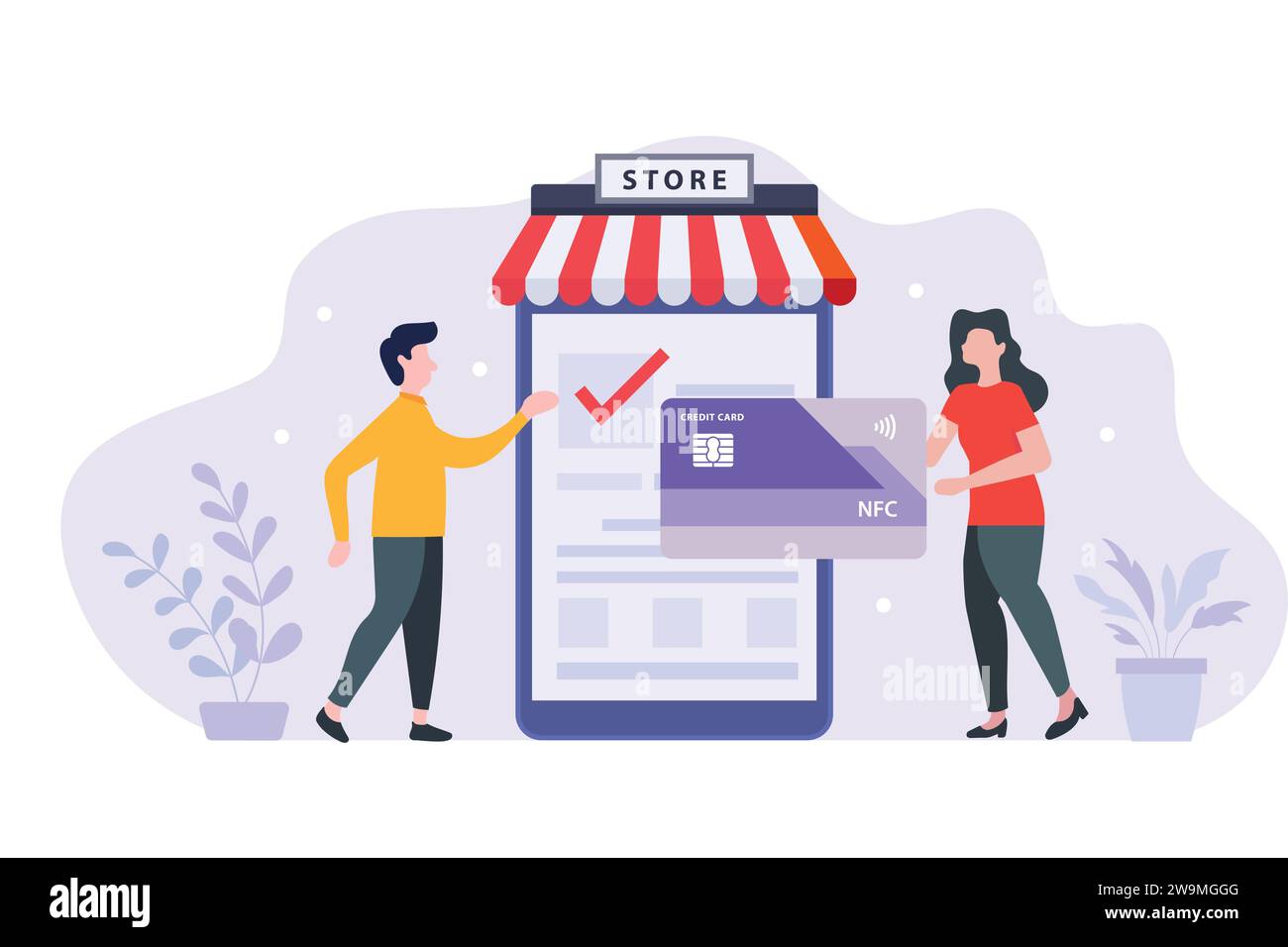 Online-Shopping-Konzept der bargeldlosen Bezahlung mit Kreditkarte, Vektorflachbild Stock Vektor