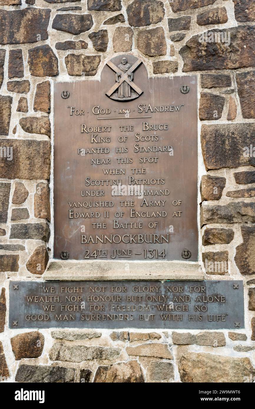 Gedenktafel an der Stelle der Schlacht von Bannockburn am Stadtrand von Stirling, Schottland. Stockfoto