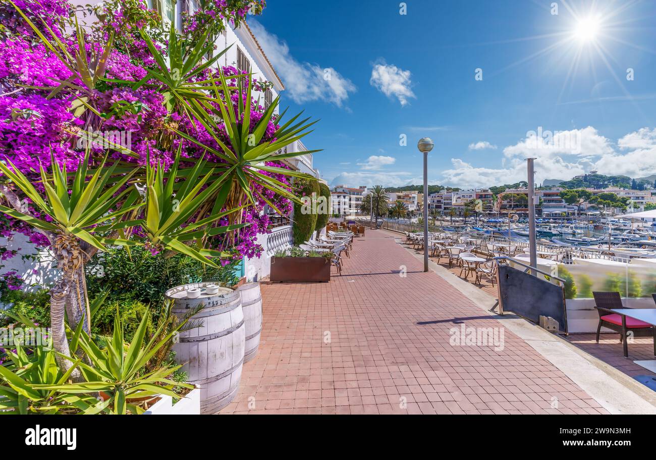 Machen Sie einen Spaziergang an der lebhaften Promenade von Cala Ratjada, Mallorca, wo der Charme eines historischen Fischerhafens auf moderne Freizeit in einer atemberaubenden Küstenlage trifft. Stockfoto