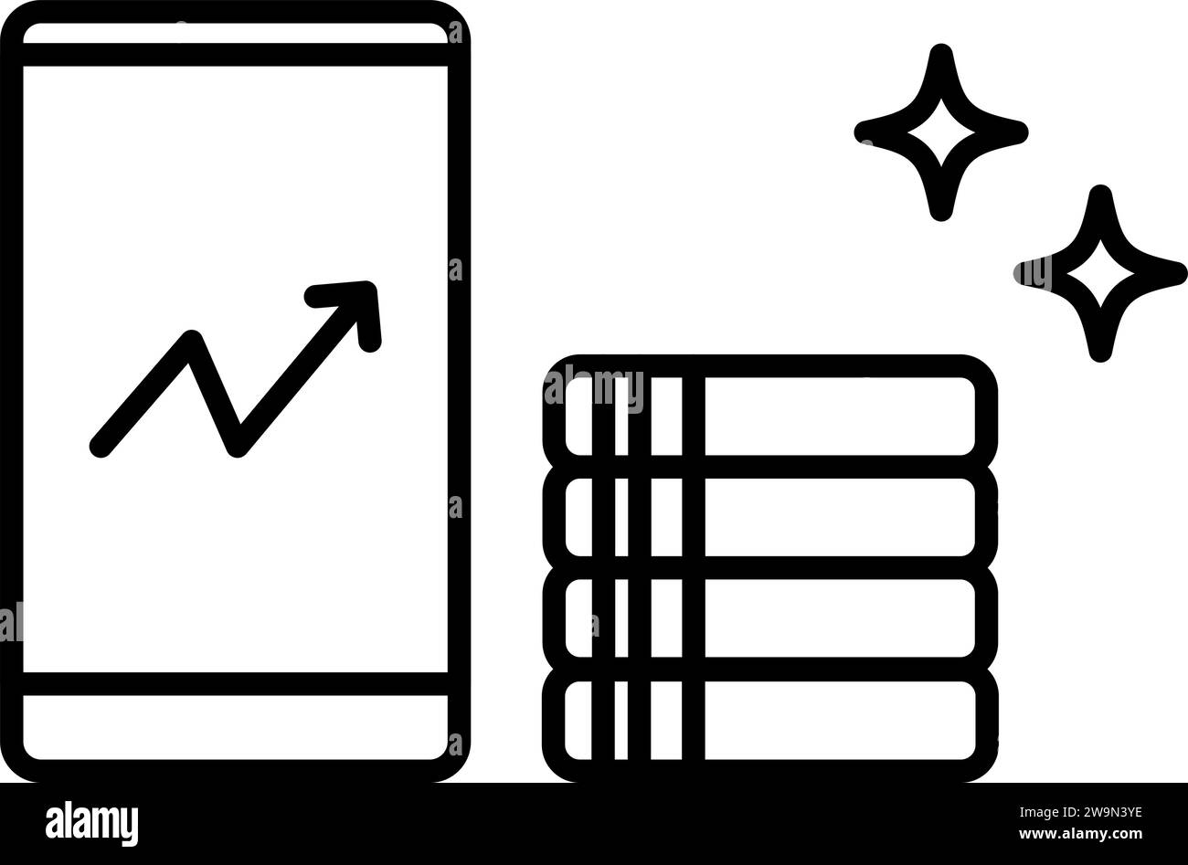 Abbildung einer rentablen Investition, Smartphone-Karte und Münzsymbol, einfache Strichzeichnung, Vektorillustration Stock Vektor