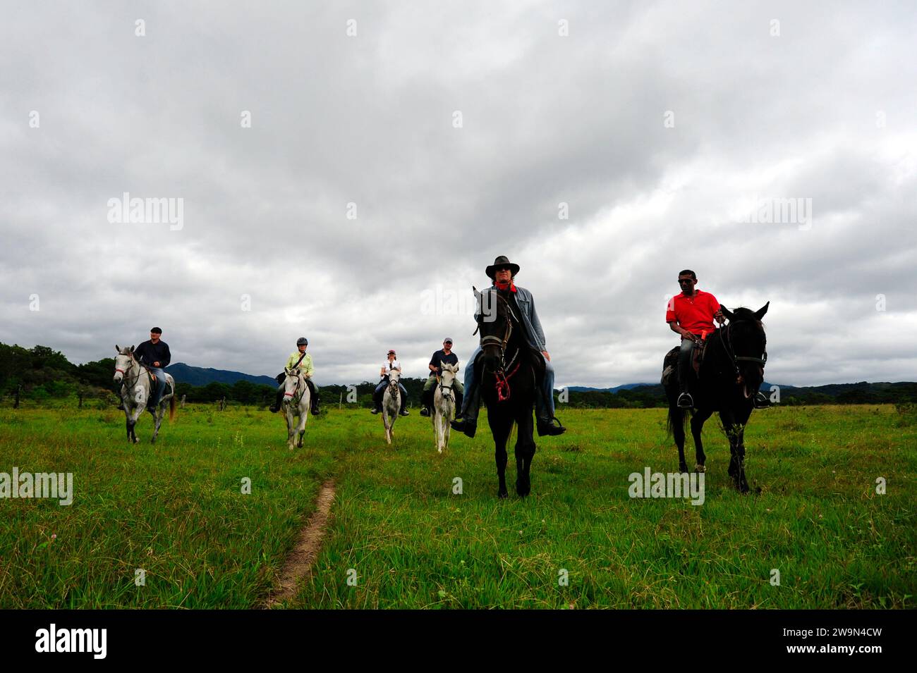 Eine Gruppe von Pferden und ihren Reitern spazieren durch ein Feld in der Landschaft von Chiapas, Mexiko. Stockfoto