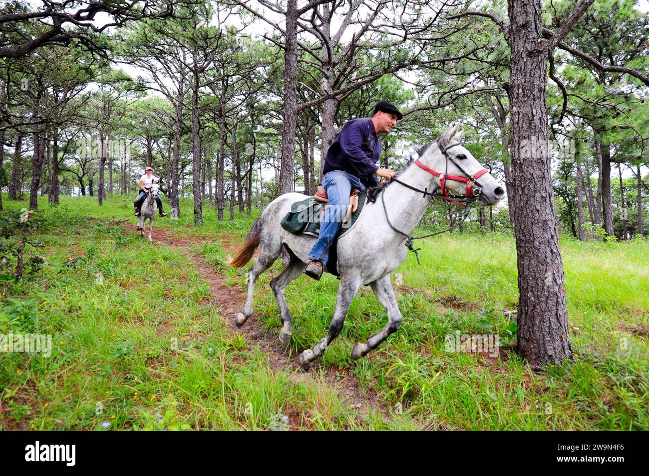 Ein Mann und eine Frau reiten mit ihren Pferden durch die Landschaft von Chiapas, Mexiko. Stockfoto