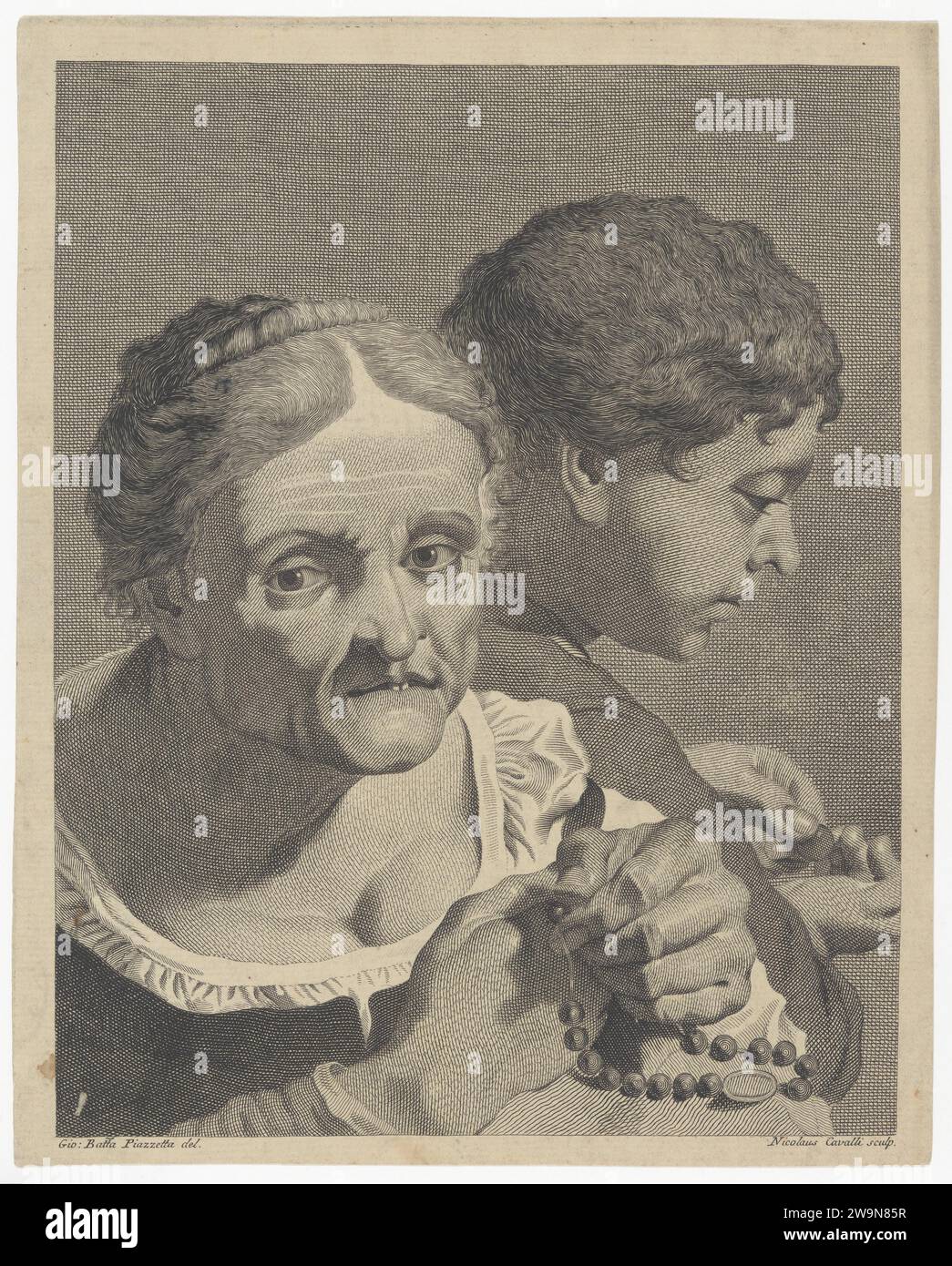 Kopie einer alten Frau mit Rosenkranz und einem Jungen, der Münzen zählt; Platte 10 aus „Icones ad vivum expressae“ nach Giovanni Battista Piazzetta 1924 von Niccolo Cavalli Stockfoto