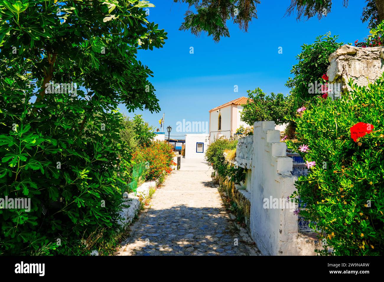 Straße in der idyllischen mediterranen Stadt Zia auf der griechischen Insel Kos. Stockfoto