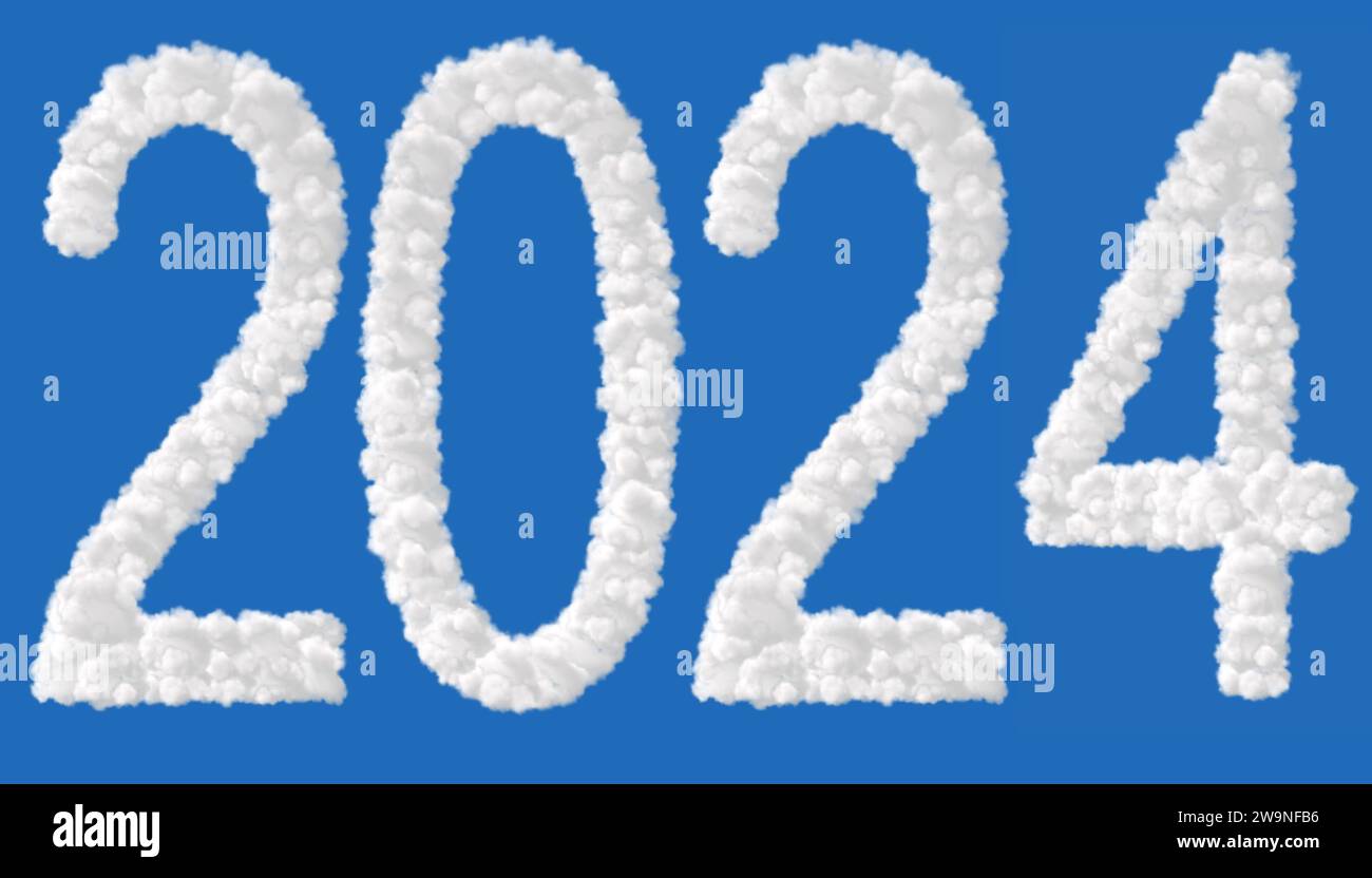 Neues Jahr 2024. Wolken in Form des Buchstabens 2024 isoliert auf Blau. Hochauflösendes Foto. Stockfoto